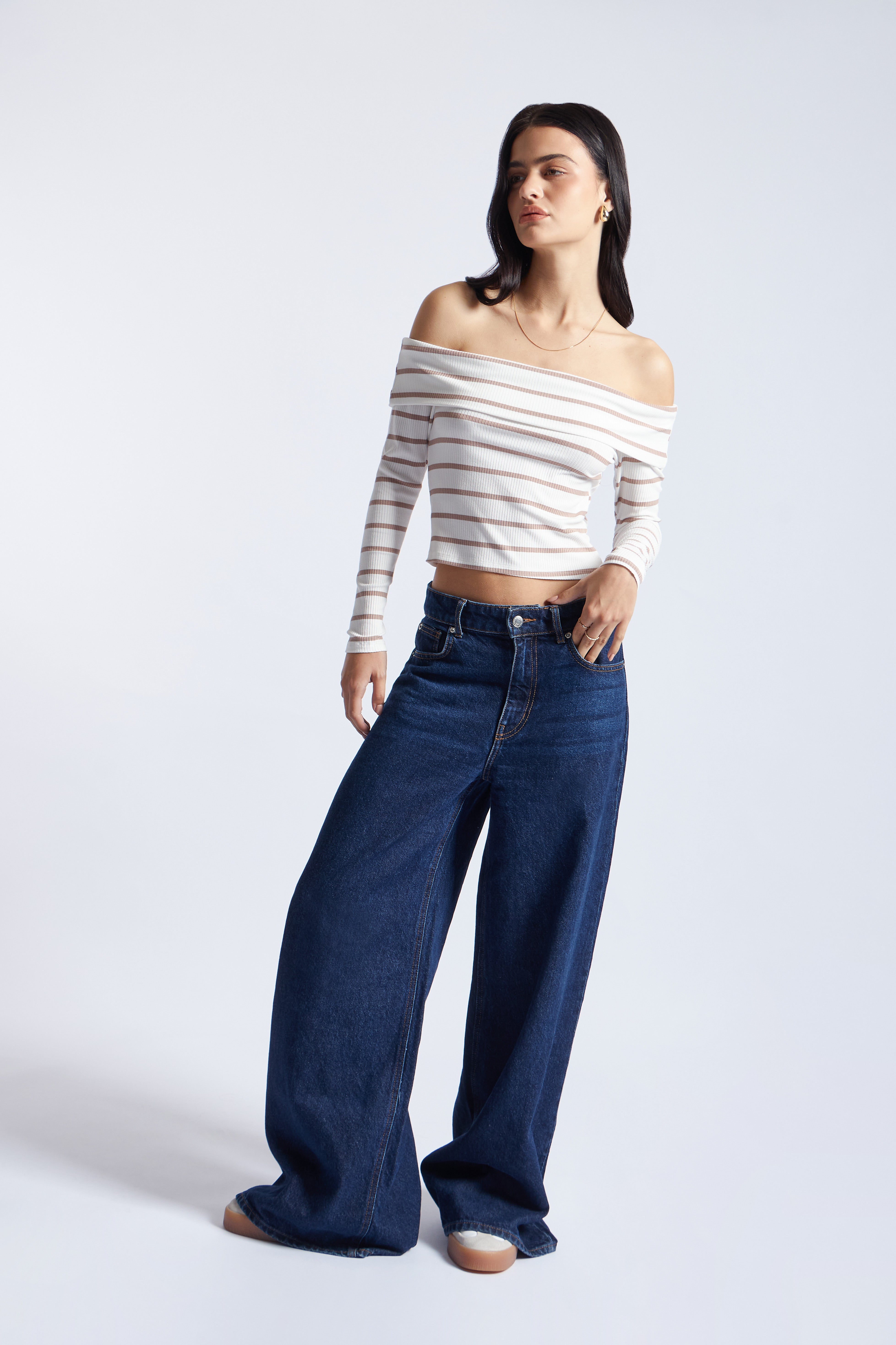 Off Shoulder Rib Stripe - Ivory con Topo