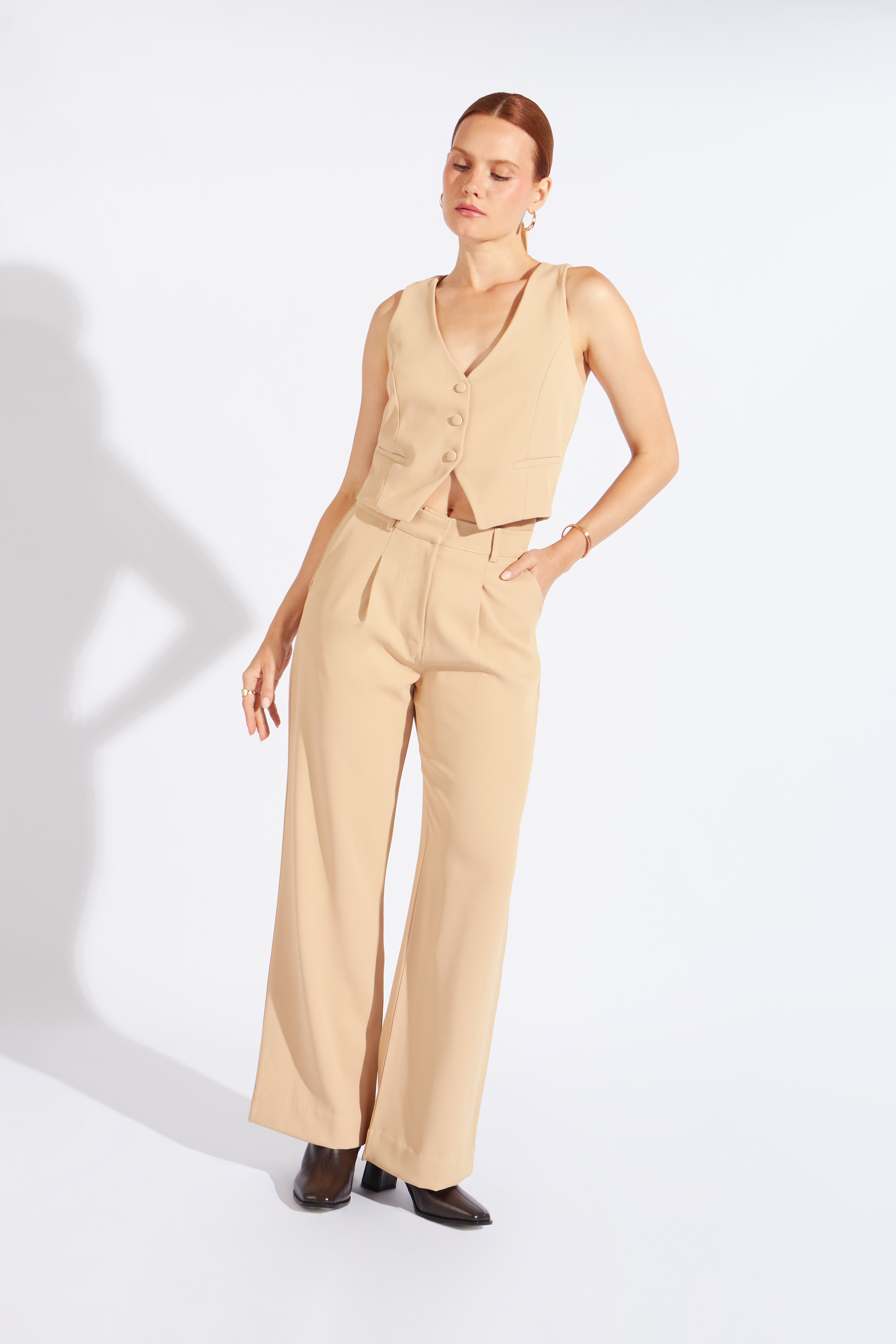 Pantalón Fluido Estructura  - Beige