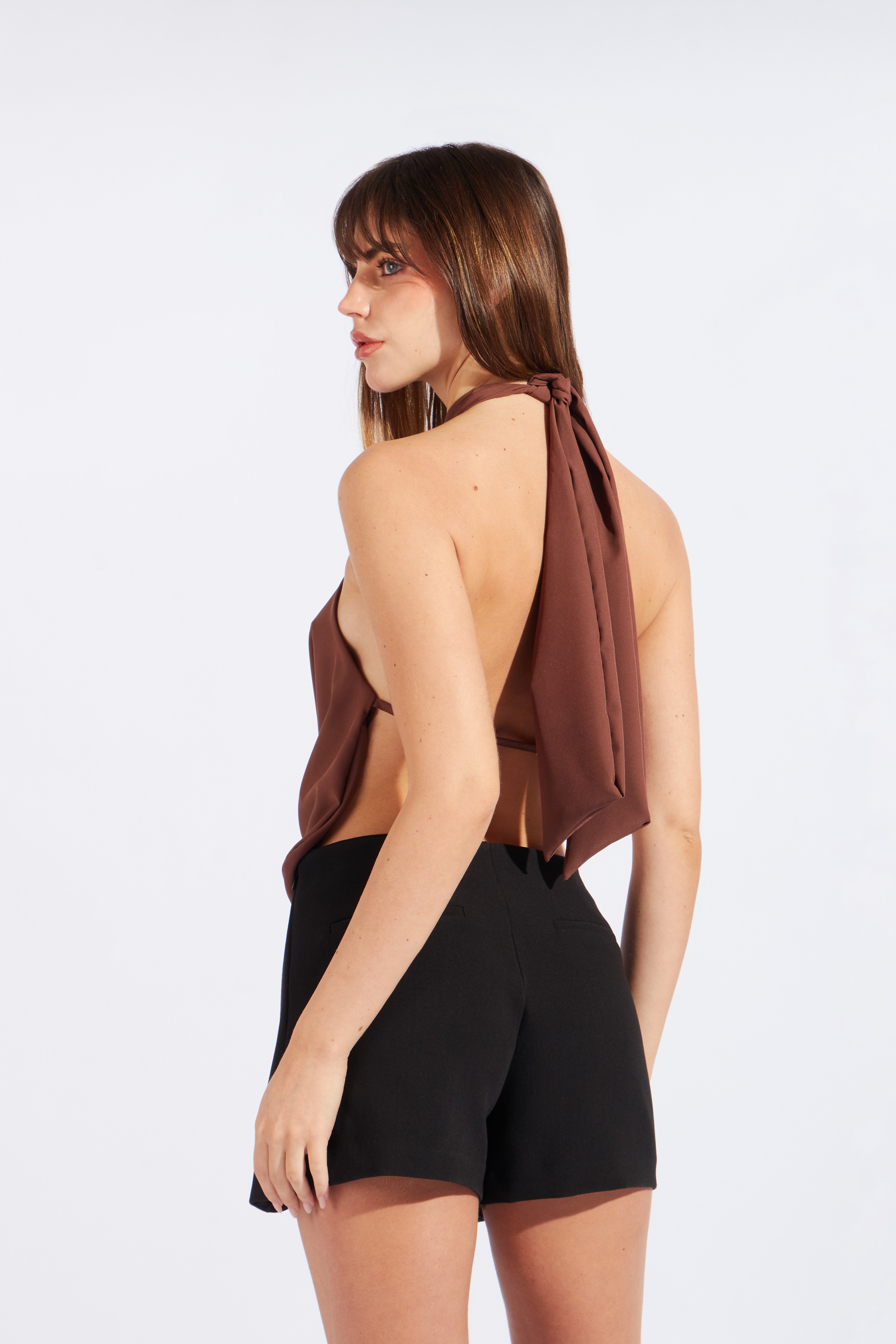 Top Drapeado Regulable con Adorno - Marrón
