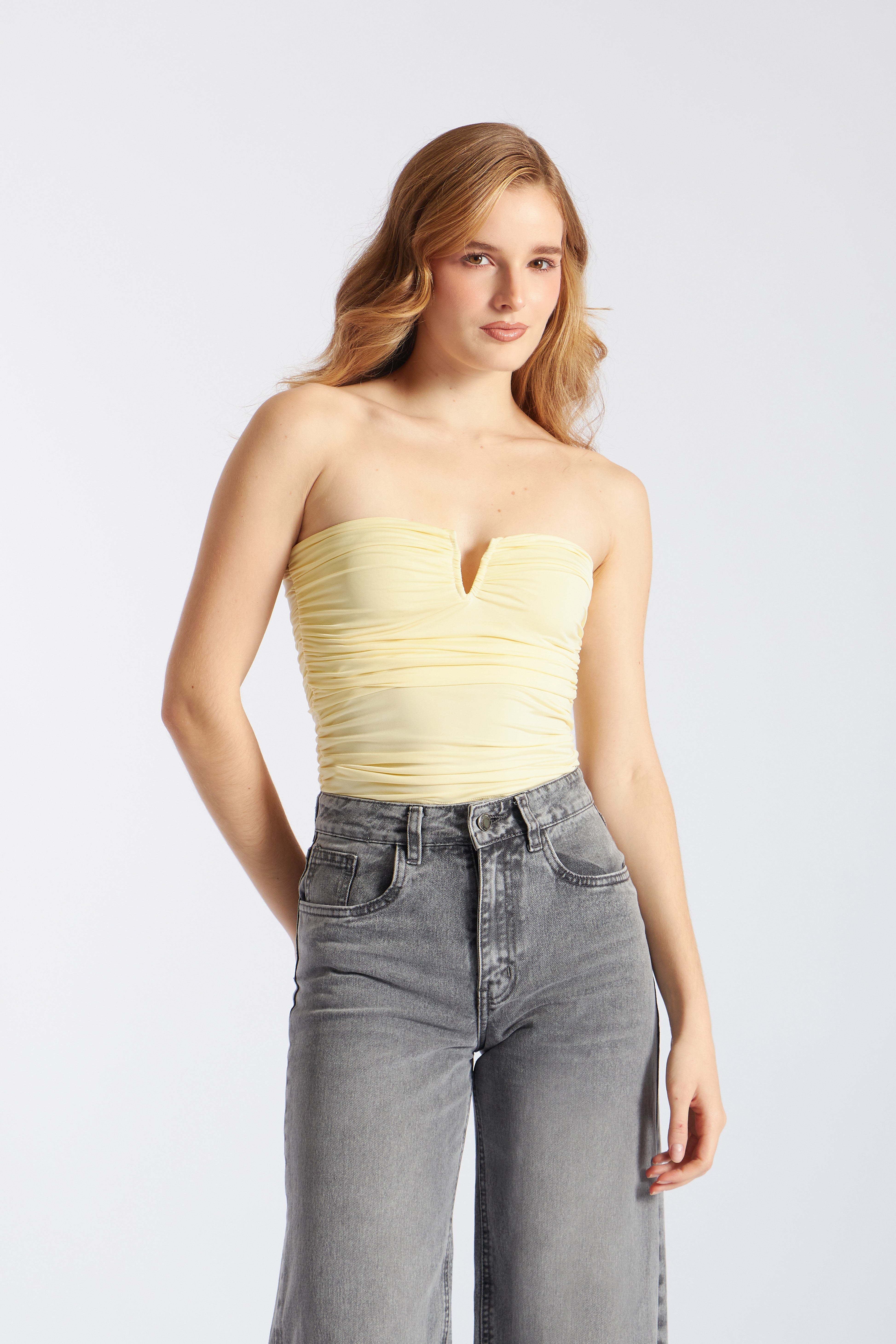 Top Strapless Escote V - Amarillo