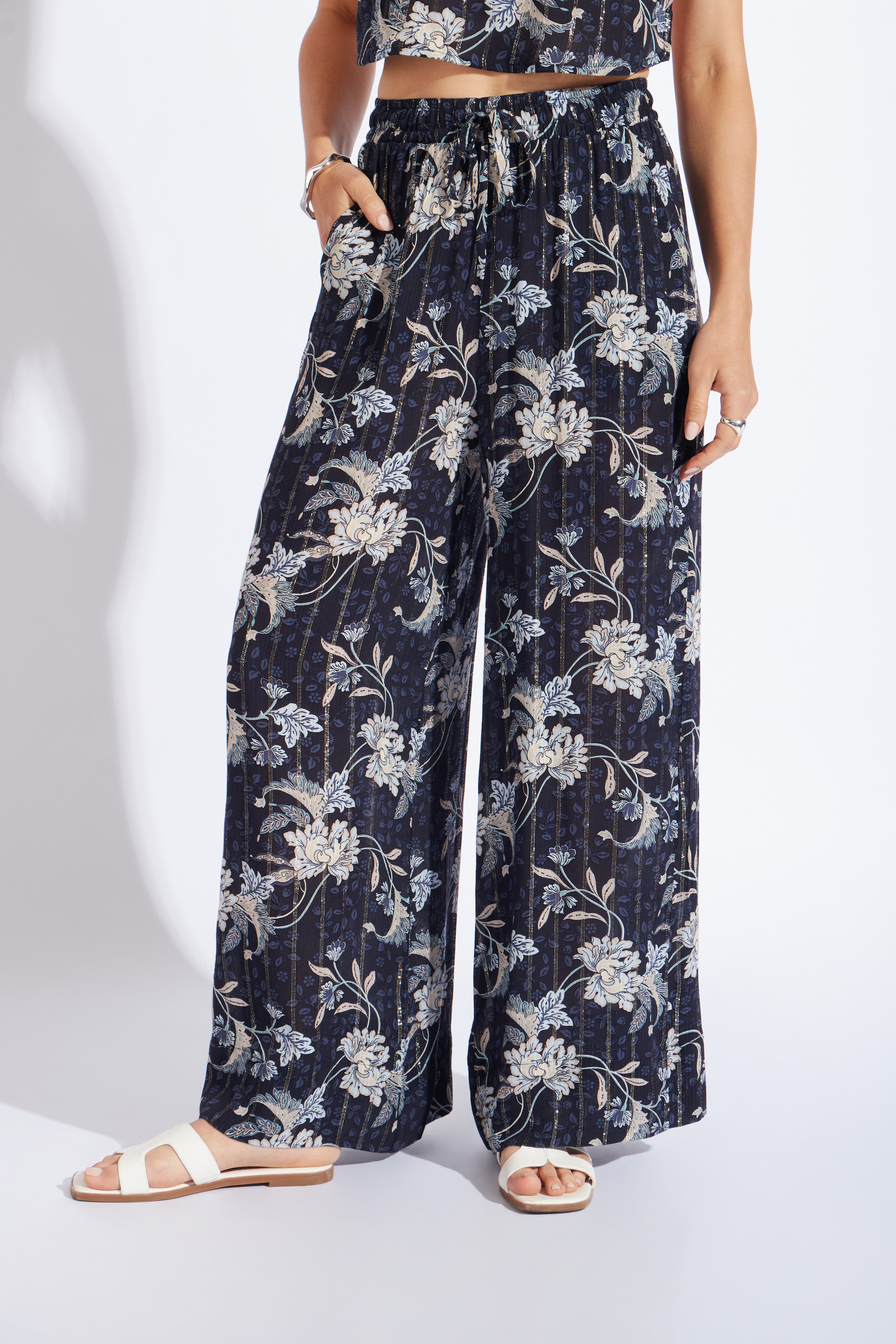 Pantalón Gasa Cintura Elásticada - Azul