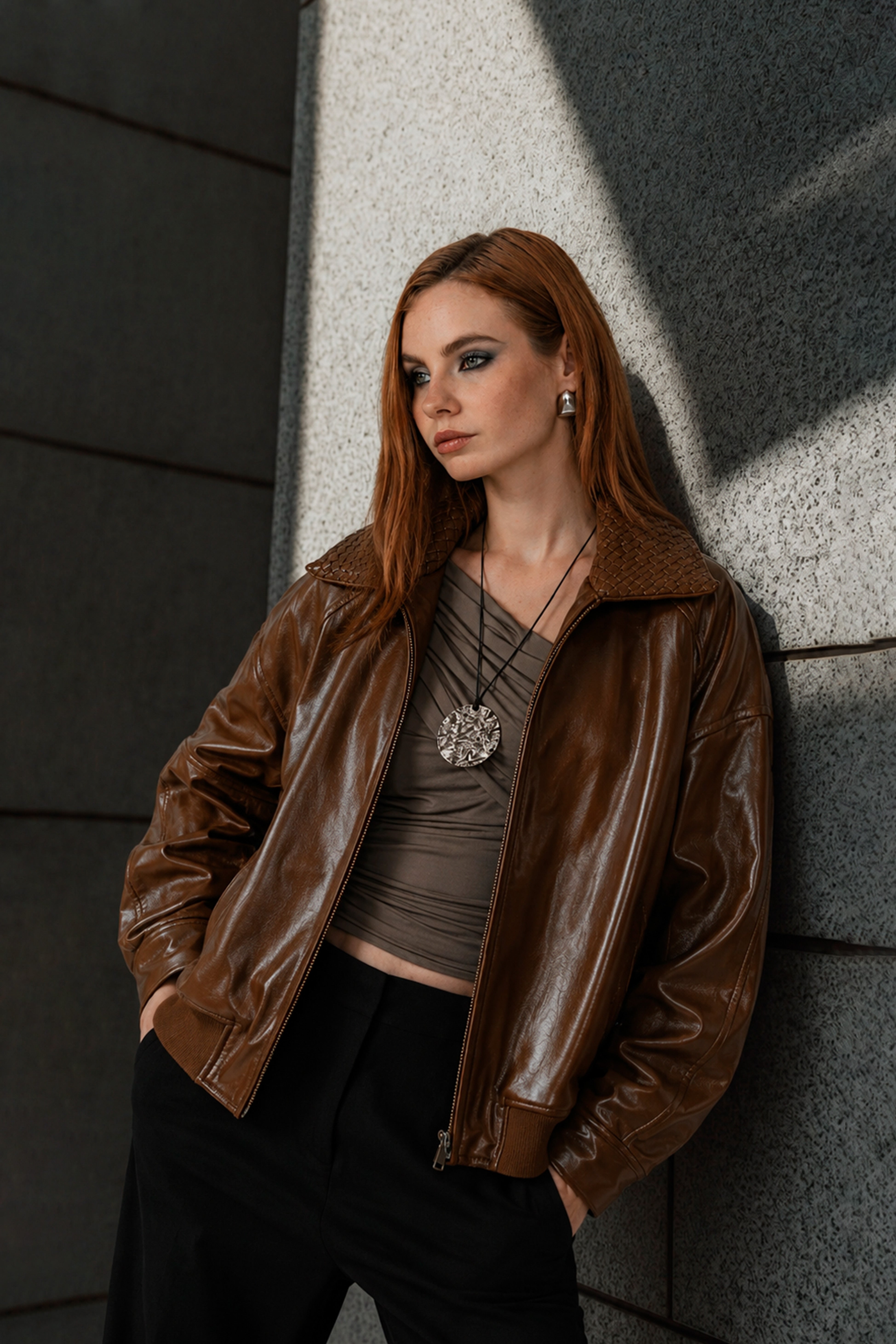 Casaca Leather Cuello Textura - Camel