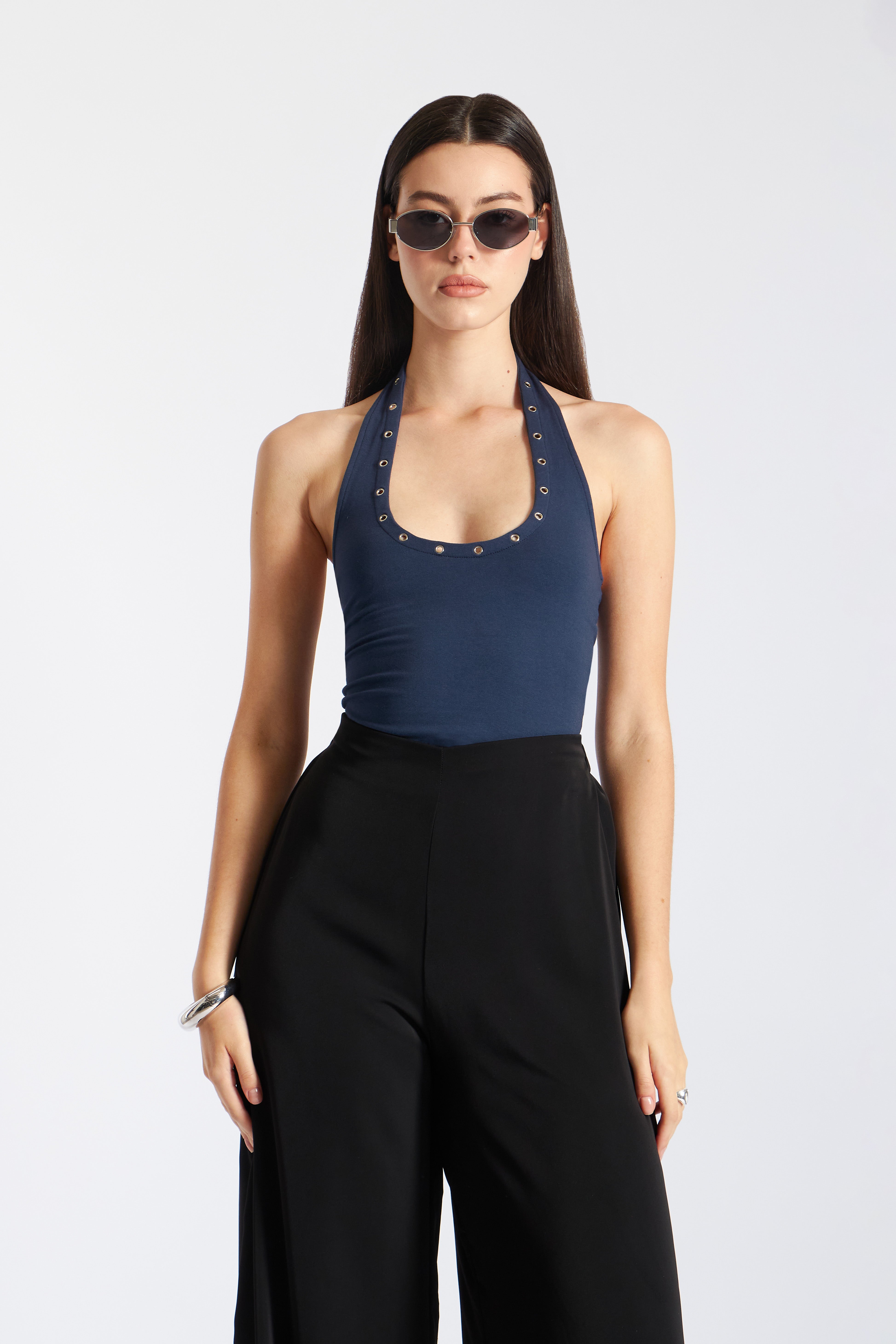 Top Punto Halter con Apliques - Azul