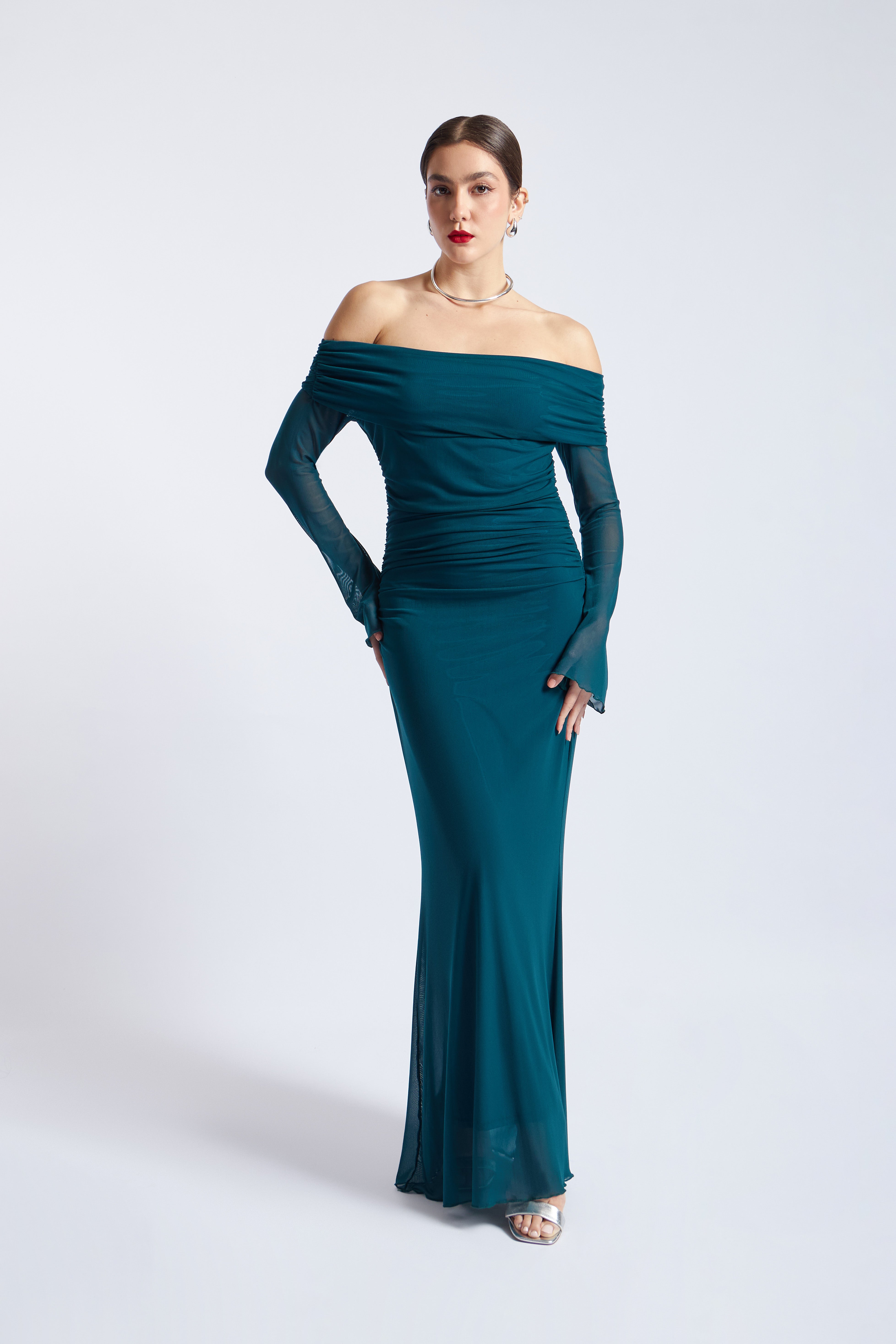 Maxi Vestido Off Shoulder Tulle - Cobalto