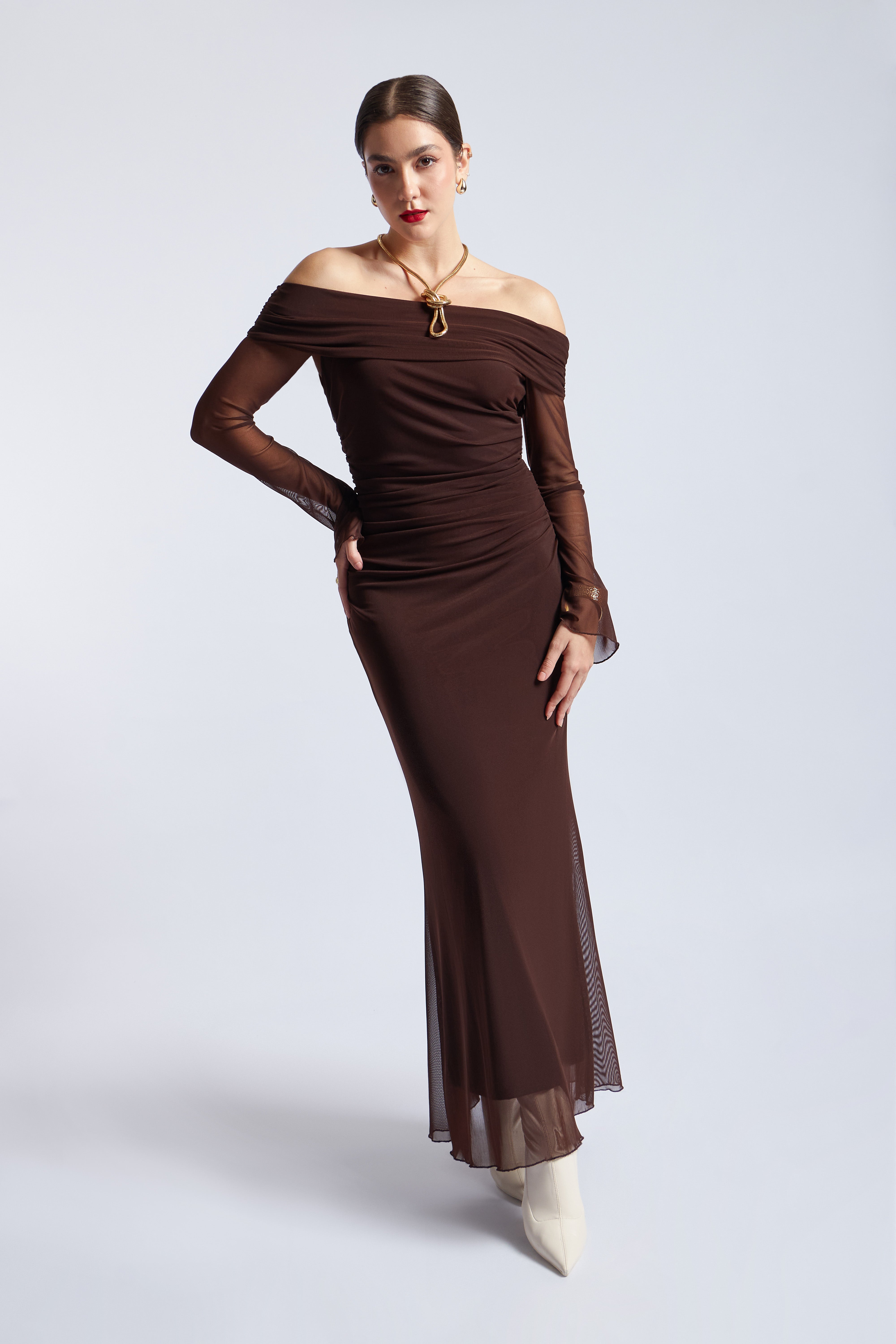 Maxi Vestido Off Shoulder Tulle - Marrón