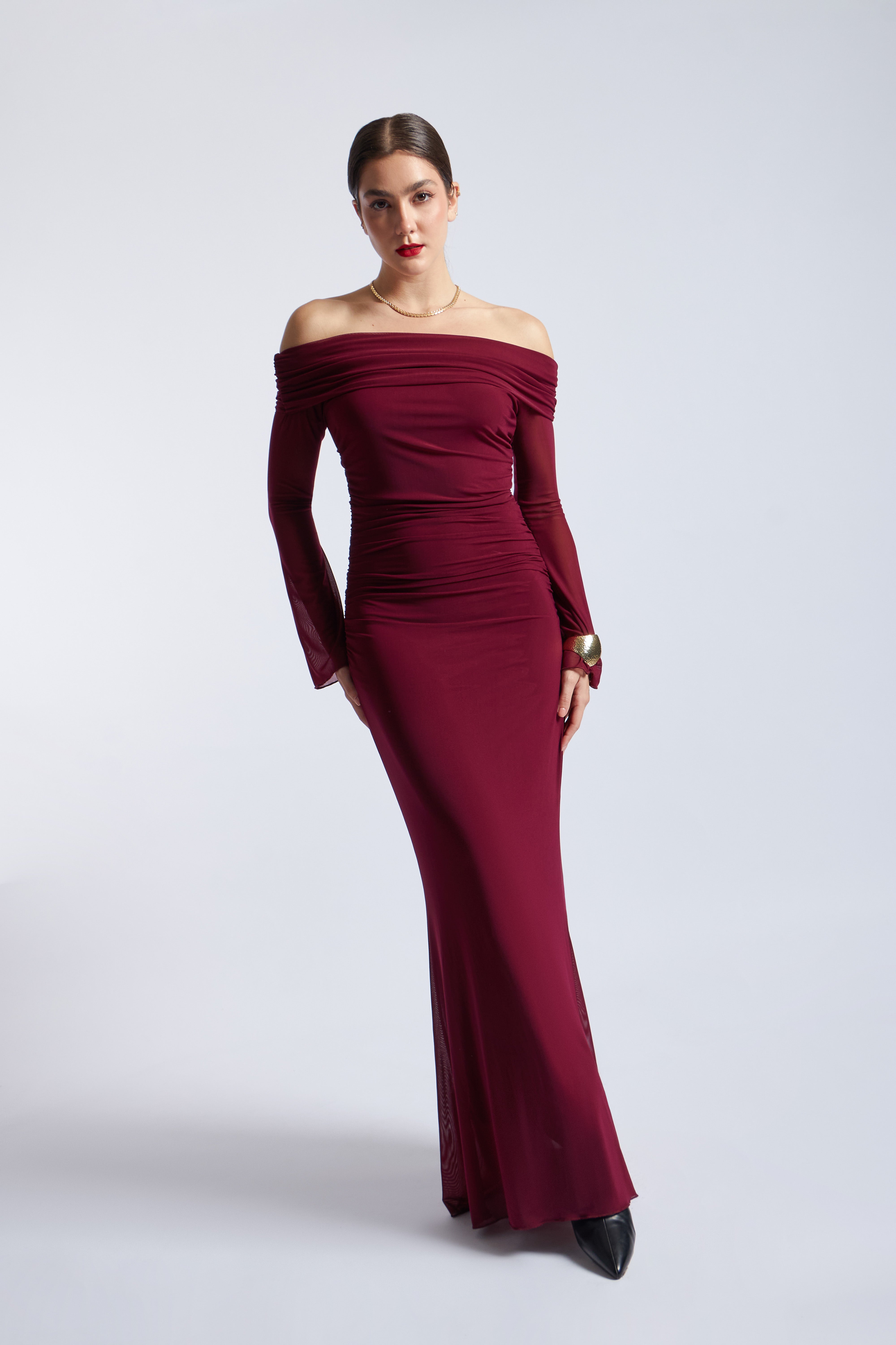 Maxi Vestido Off Shoulder Tulle - Borgoña