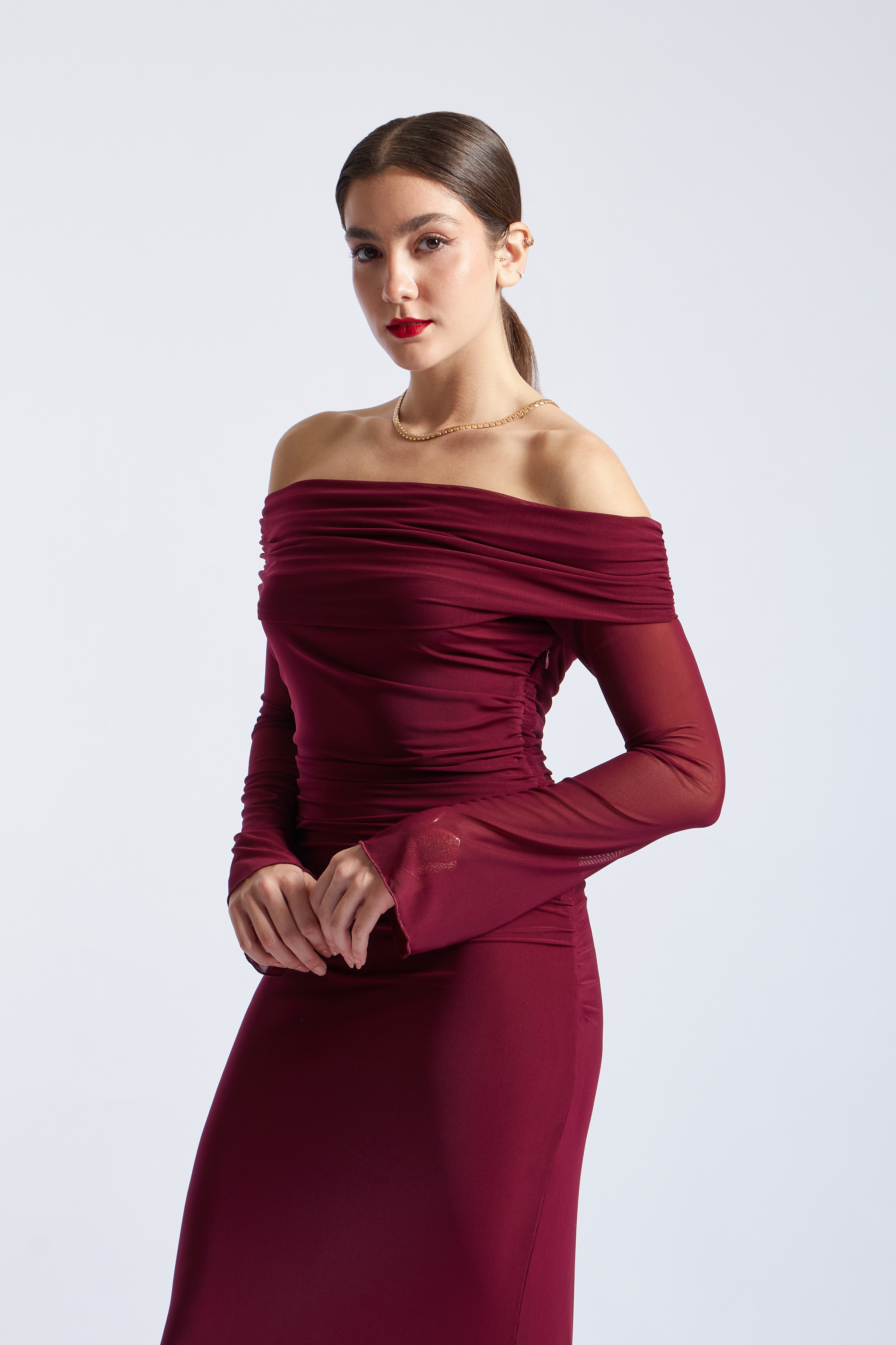 Maxi Vestido Off Shoulder Tulle - Borgoña