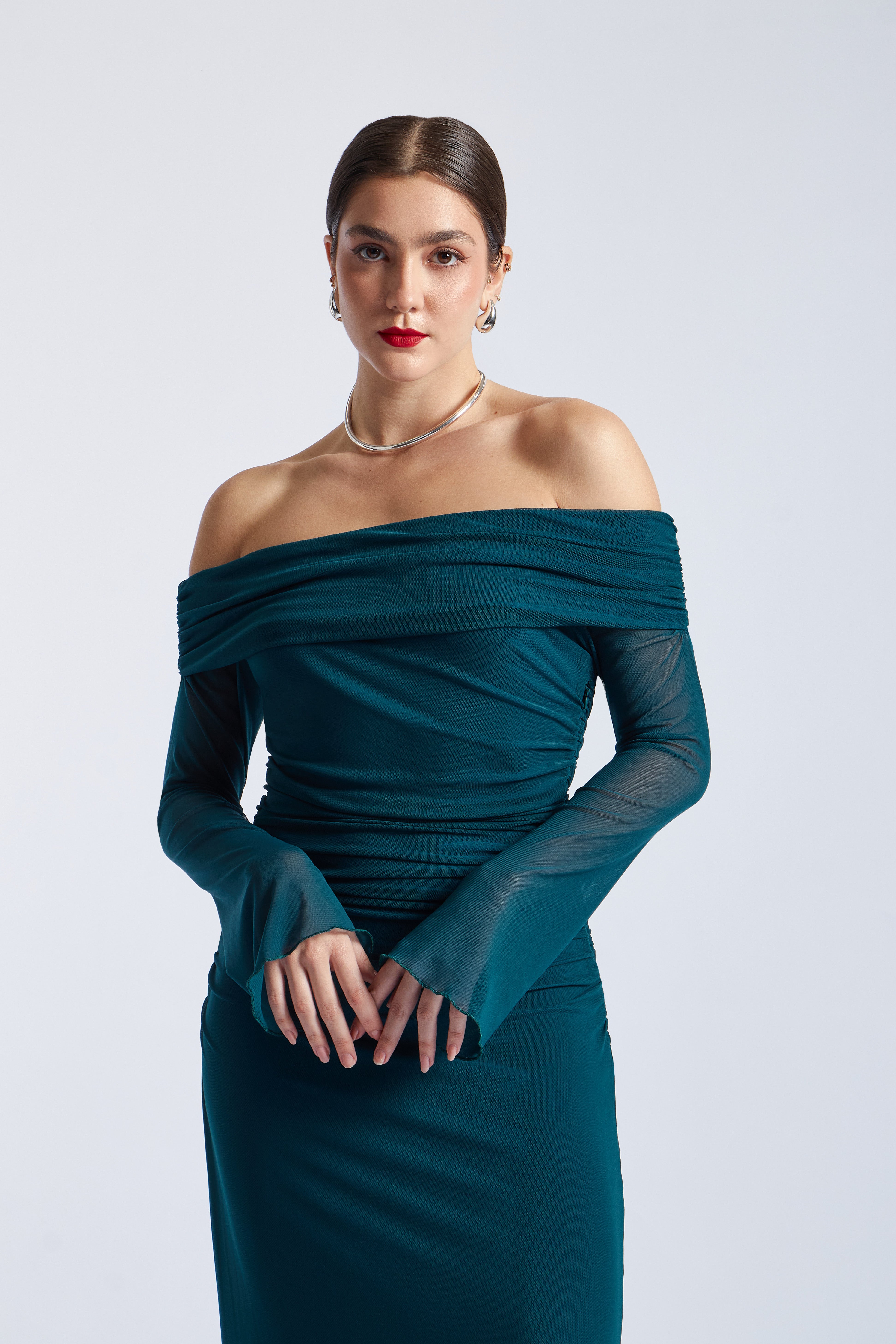 Maxi Vestido Off Shoulder Tulle - Cobalto