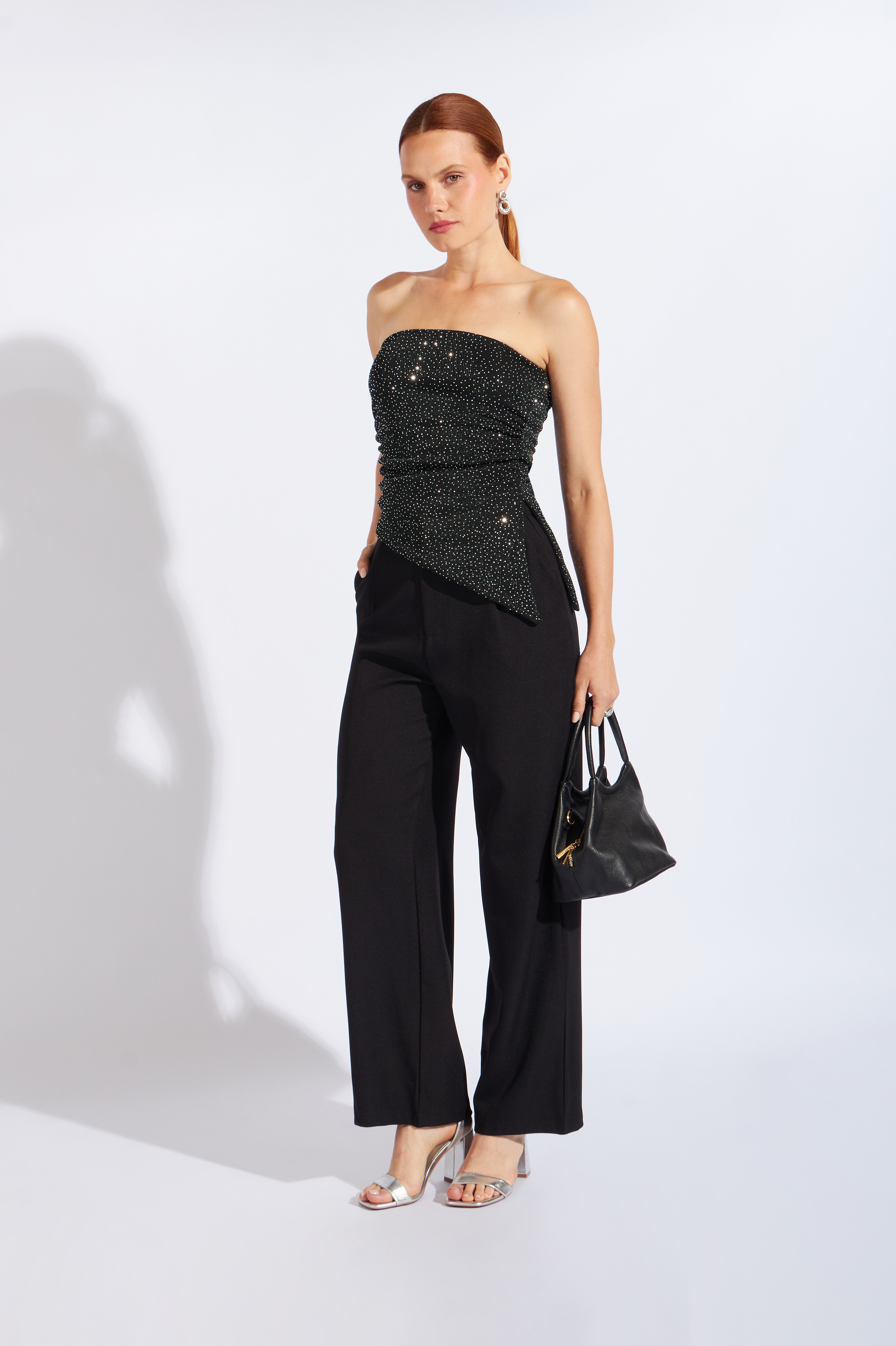 Top Strapless Asimétrico Brillos - Negro con Verde Botella