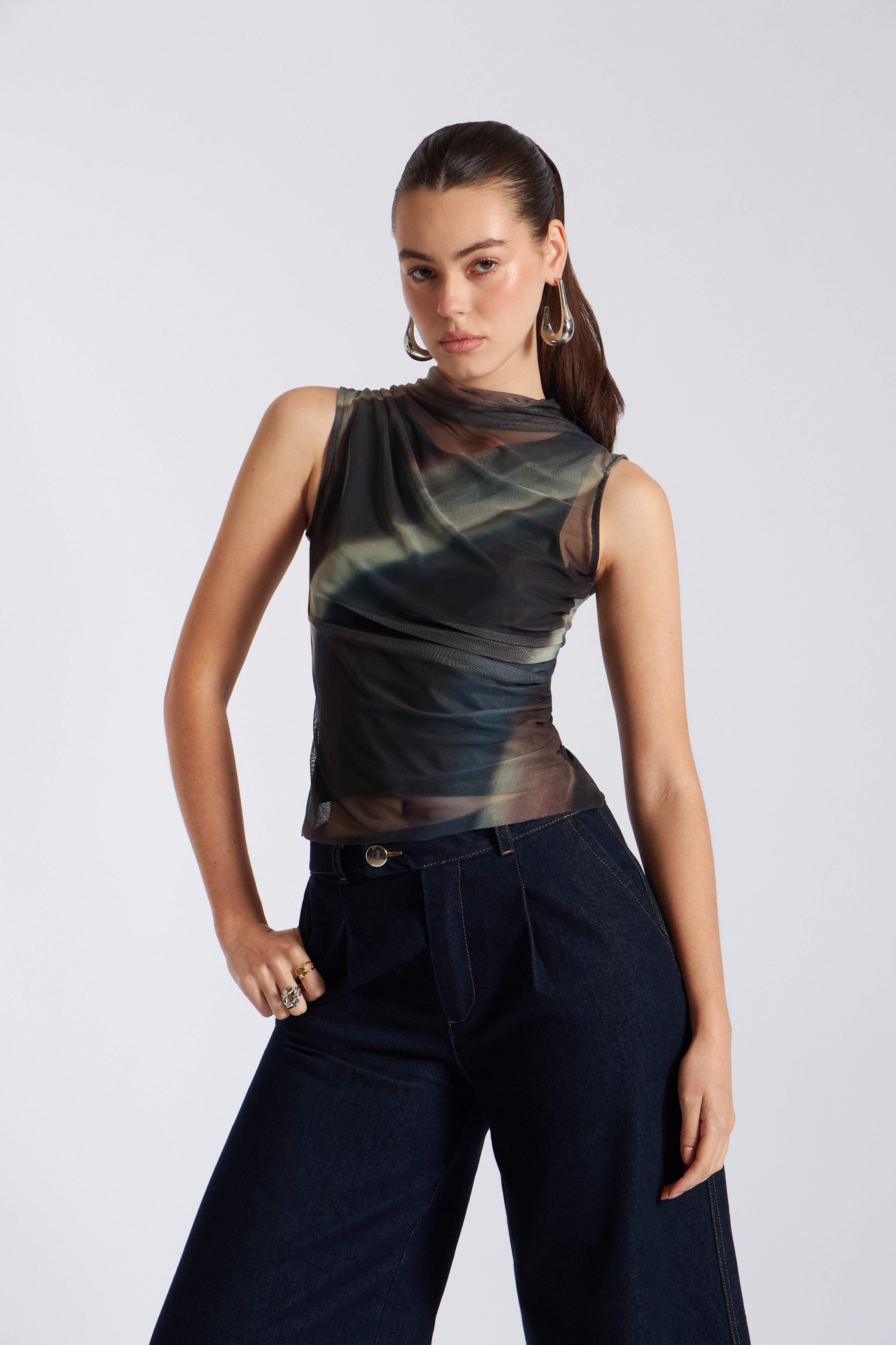 Top Tulle Fluido - Verde con Marrón