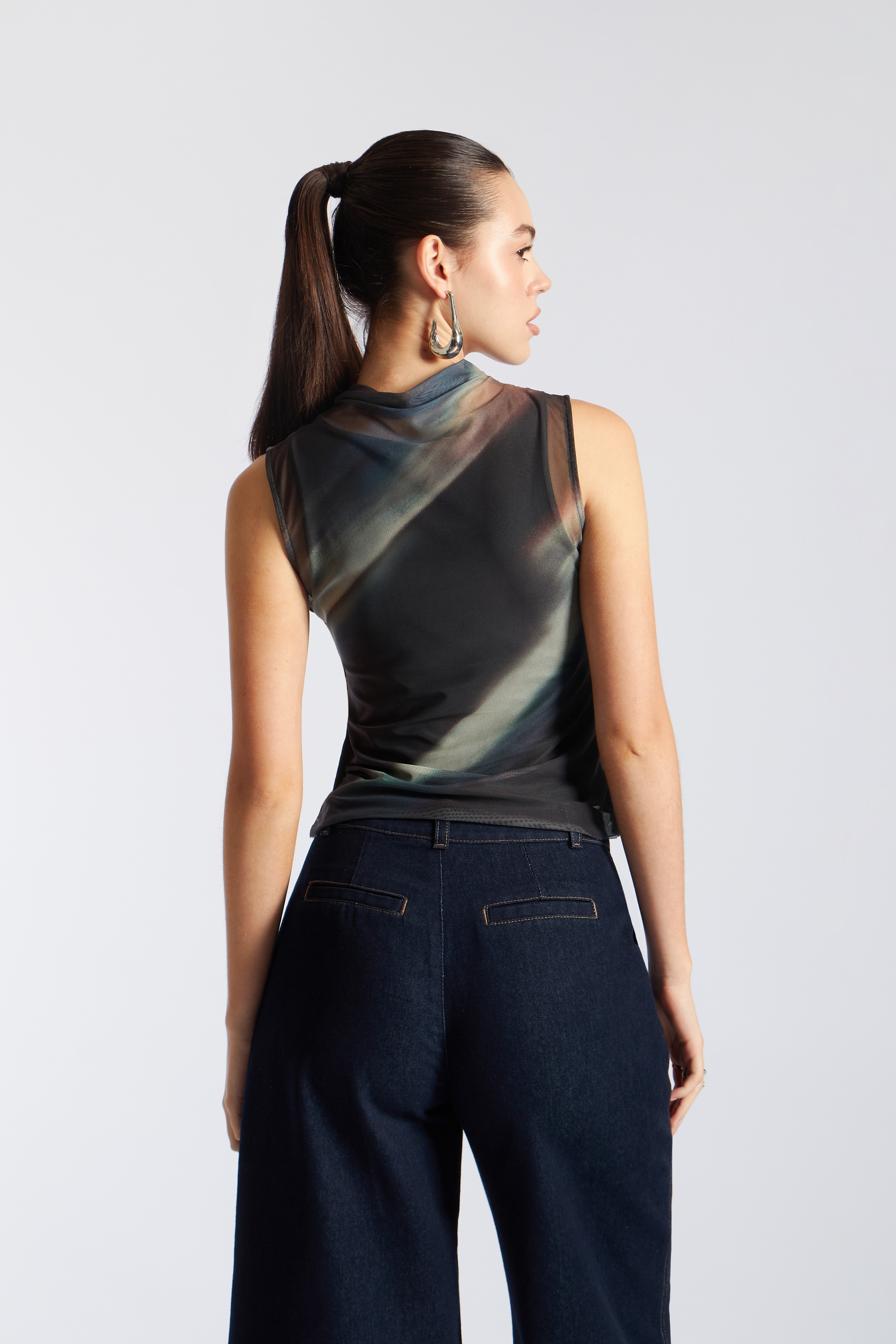 Top Tulle Fluido - Verde con Marrón