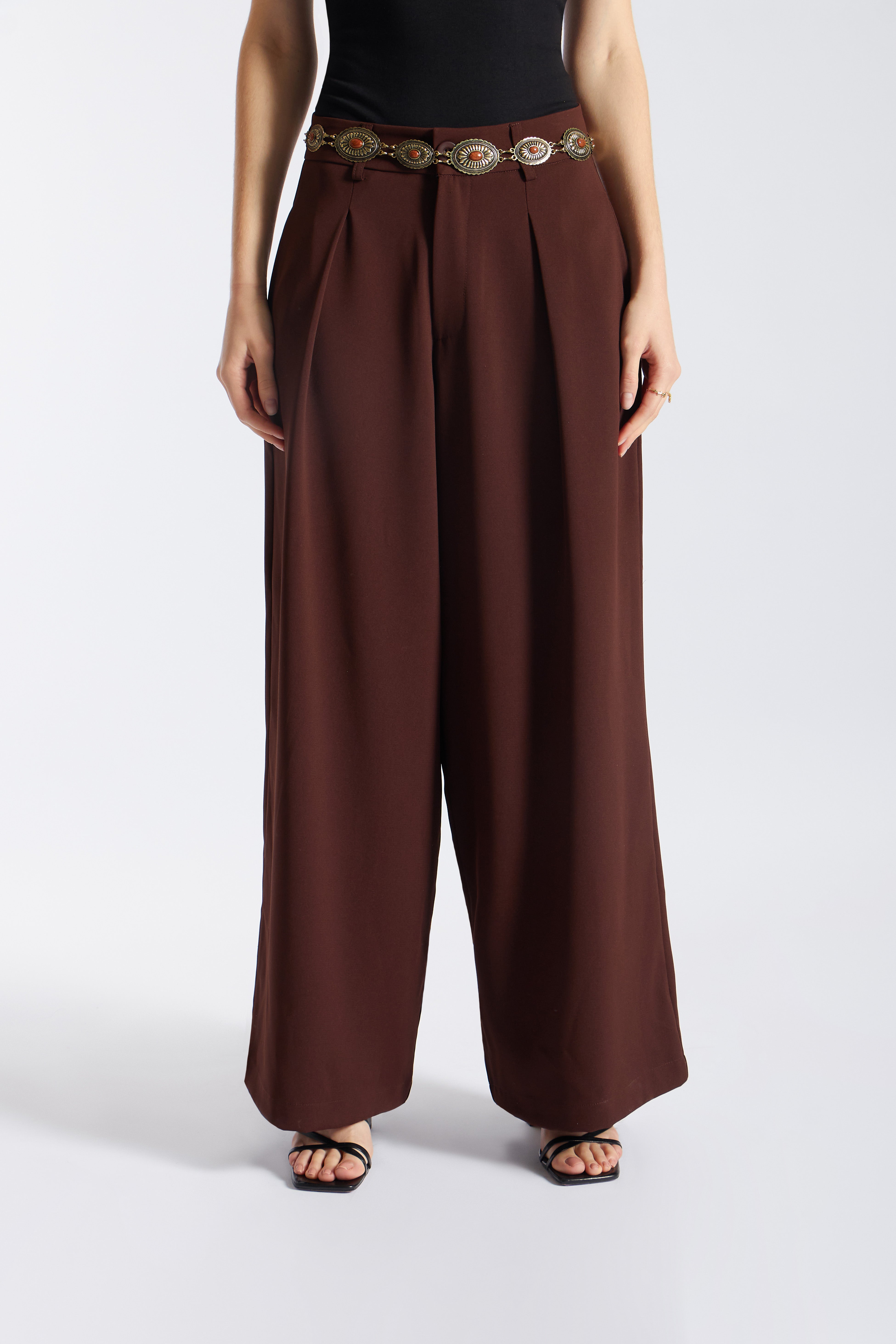 Pantalón Tailored Ancho Pliegues - Marrón