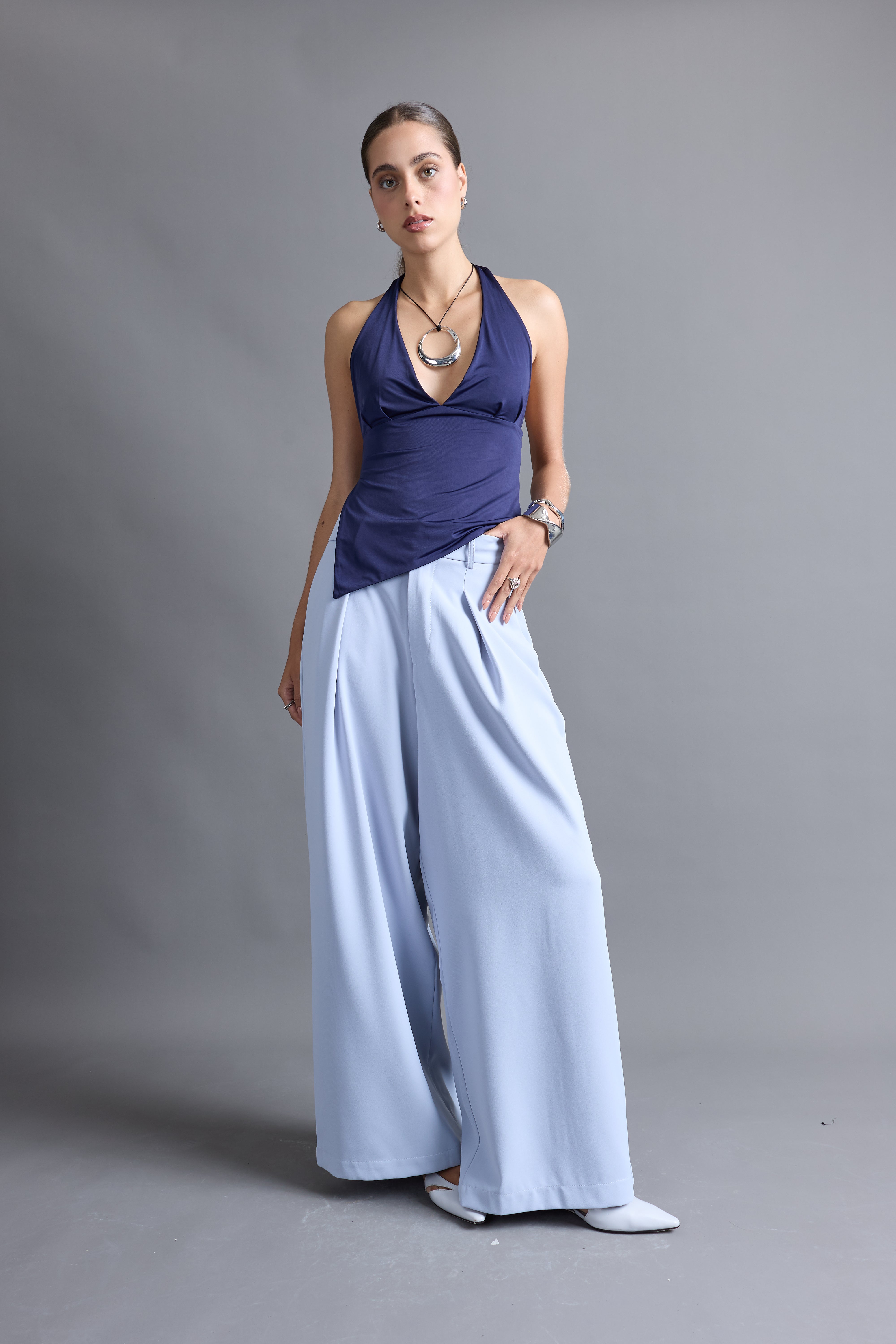 Pantalón Tailored Ancho Pliegues - Acero