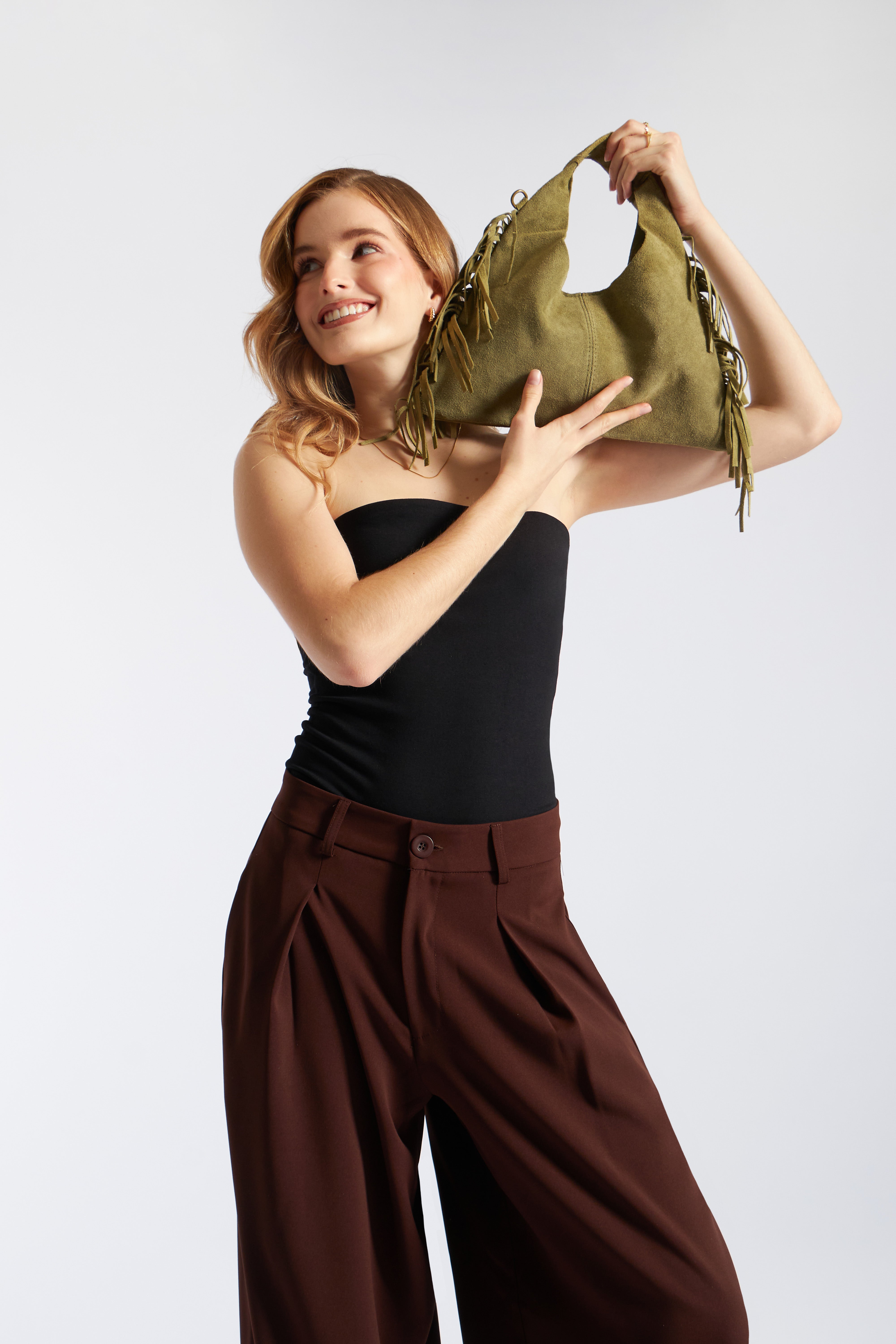 Bolso Boho Pequeño con Flecos Laterales - Verde