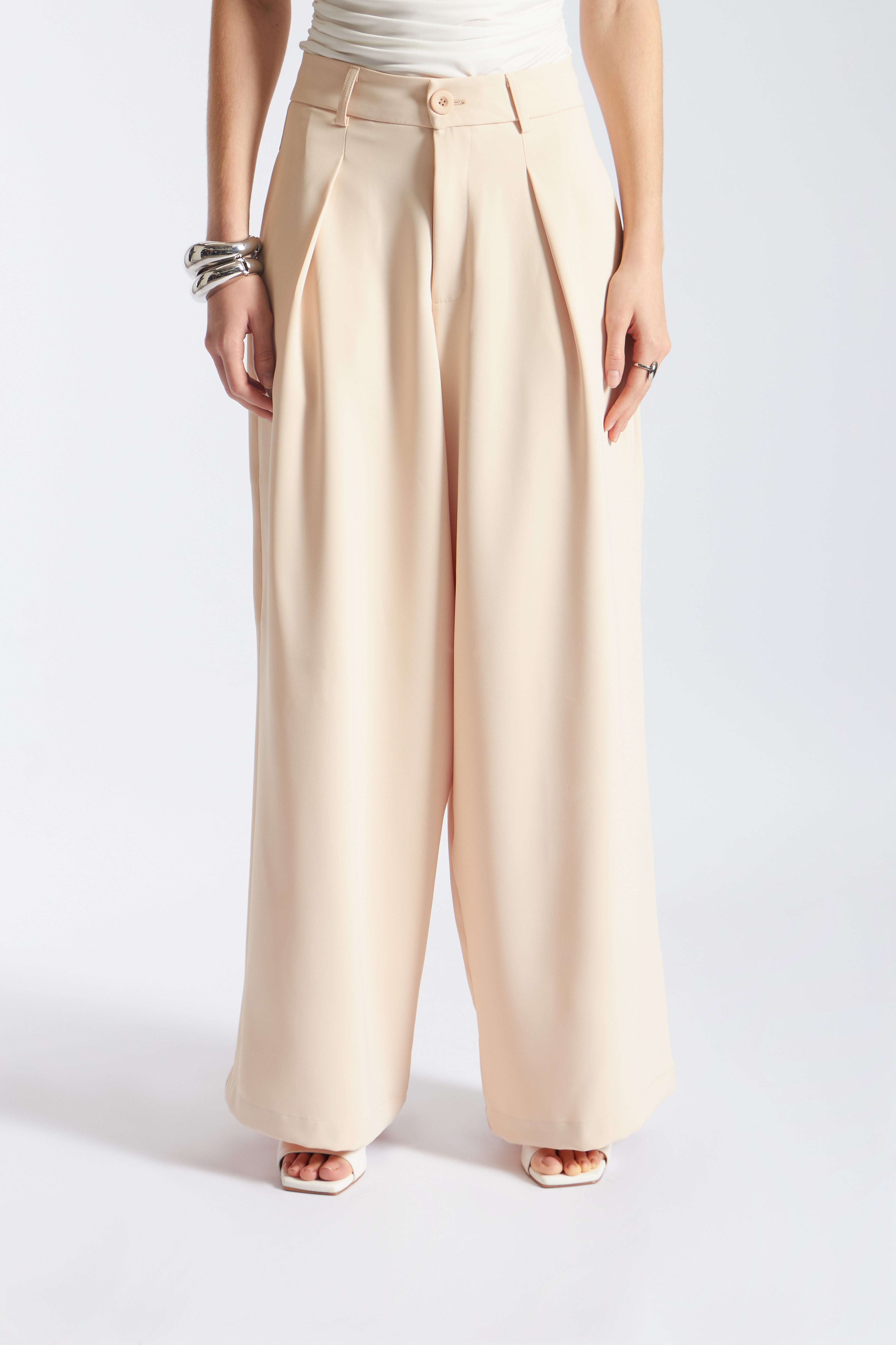 Pantalón Tailored Ancho Pliegues - Hueso