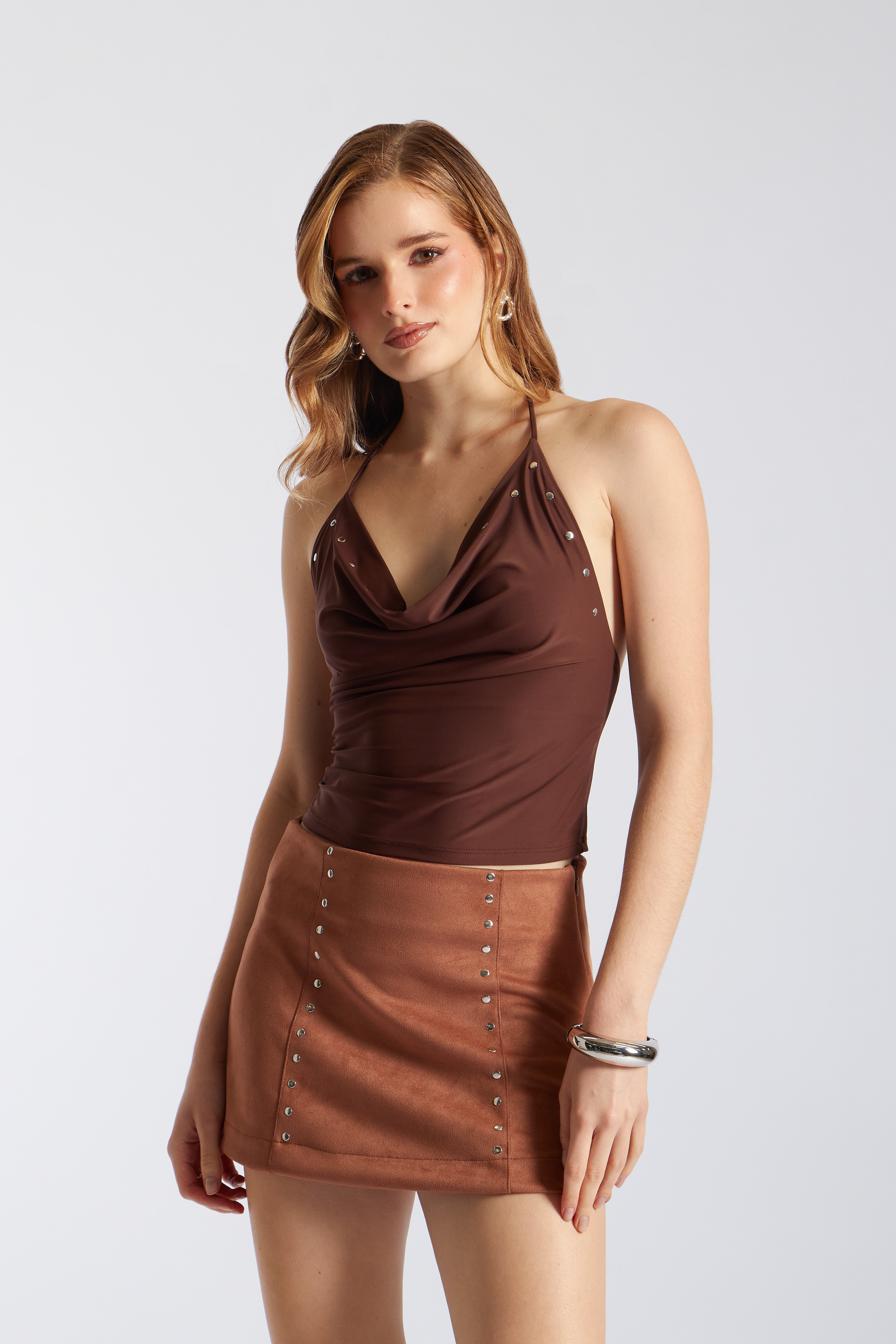 Top Drapeado Tachas - Marrón