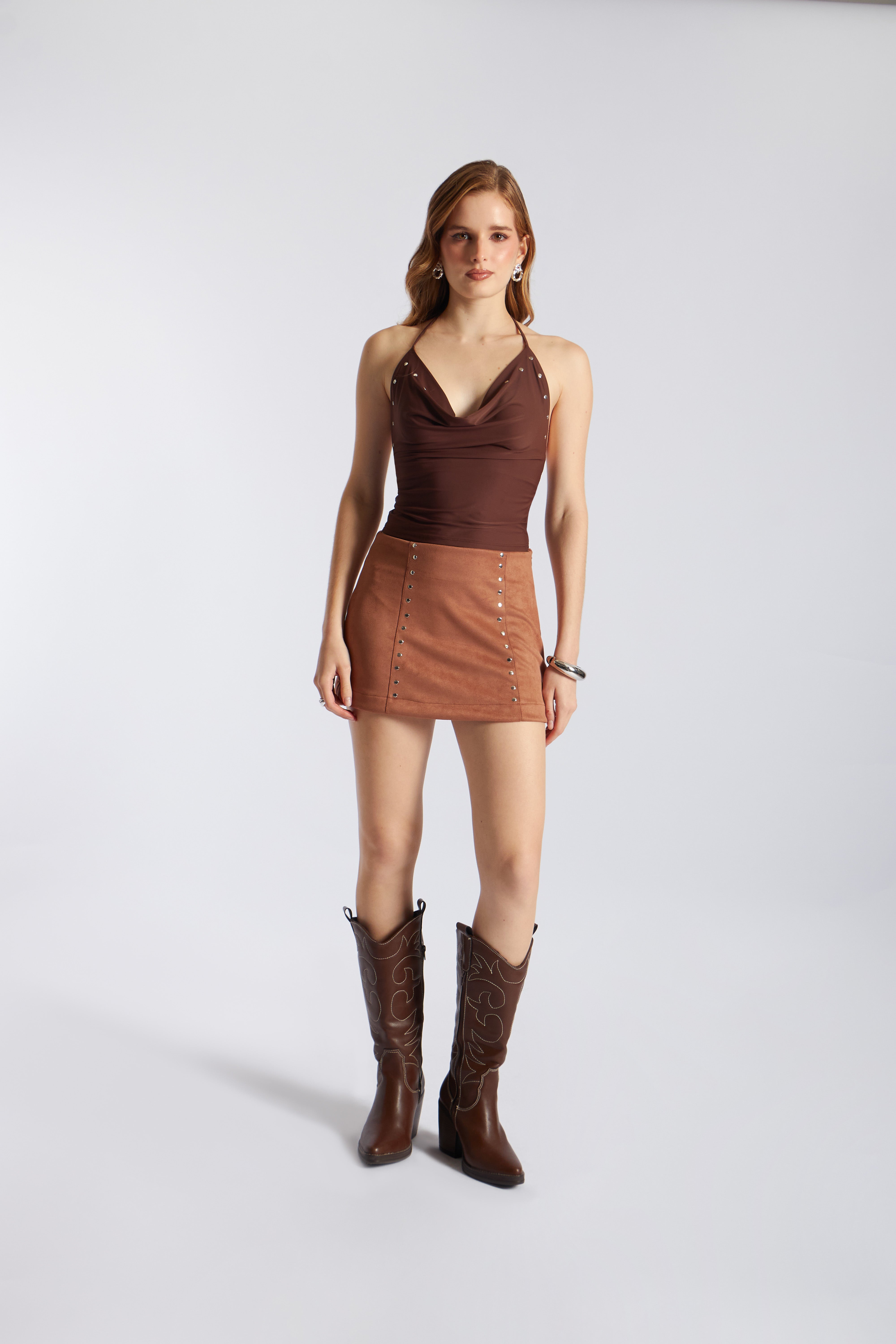 Falda Suede con Apliques - Mocca