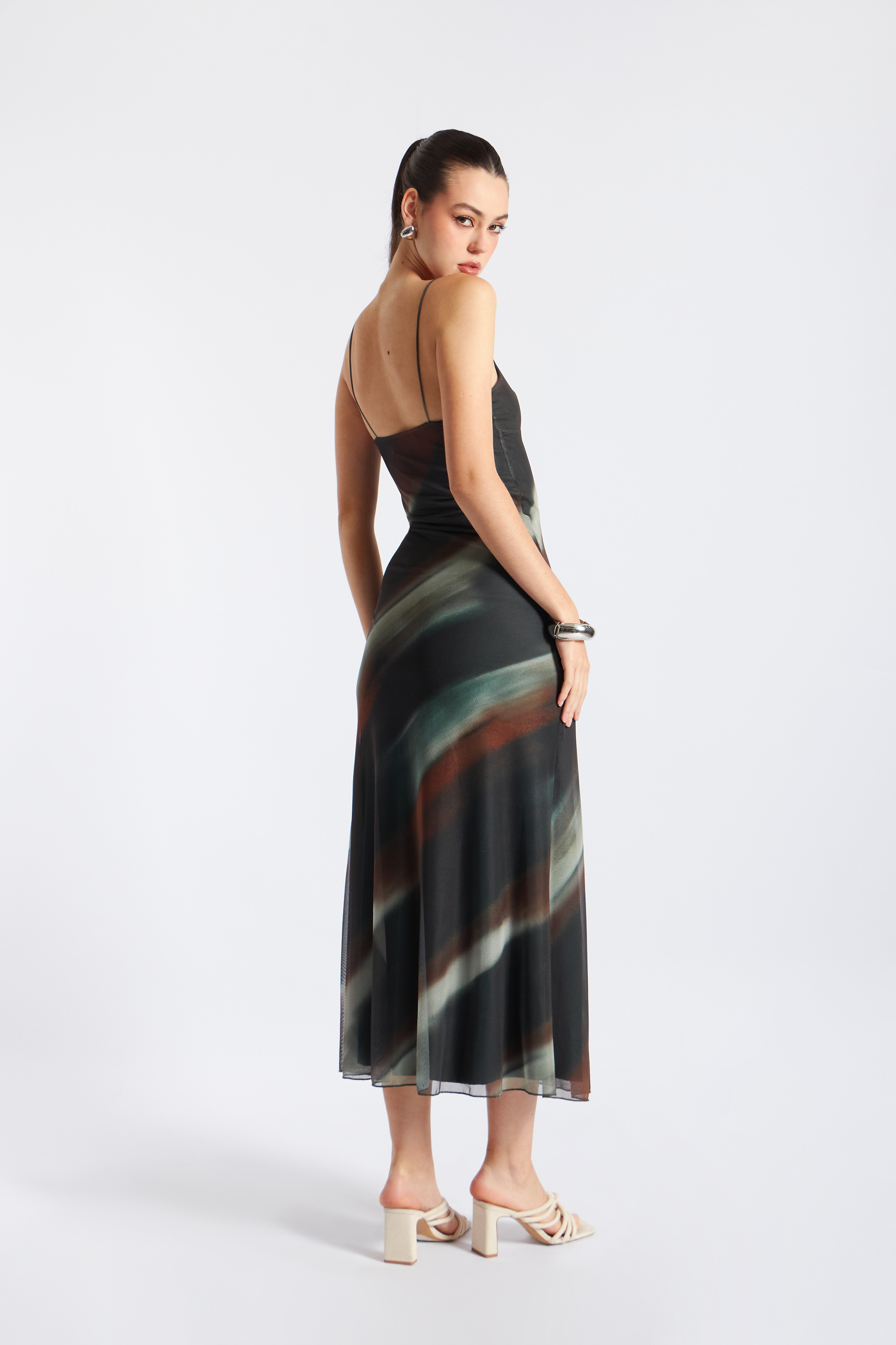 Vestido Slip Tull Abertura - Verde con Marrón