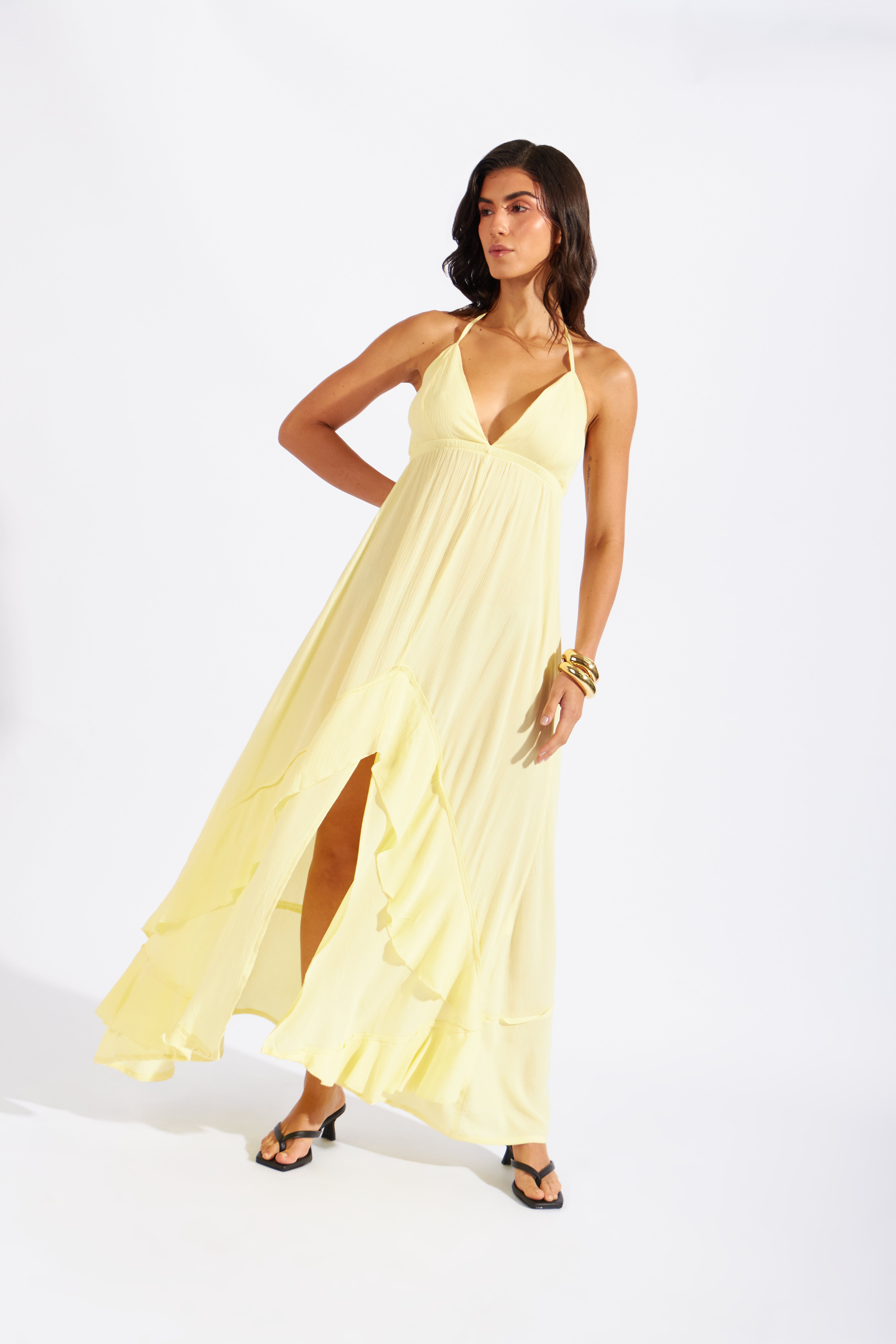 Vestido Midi Volantes - Amarillo