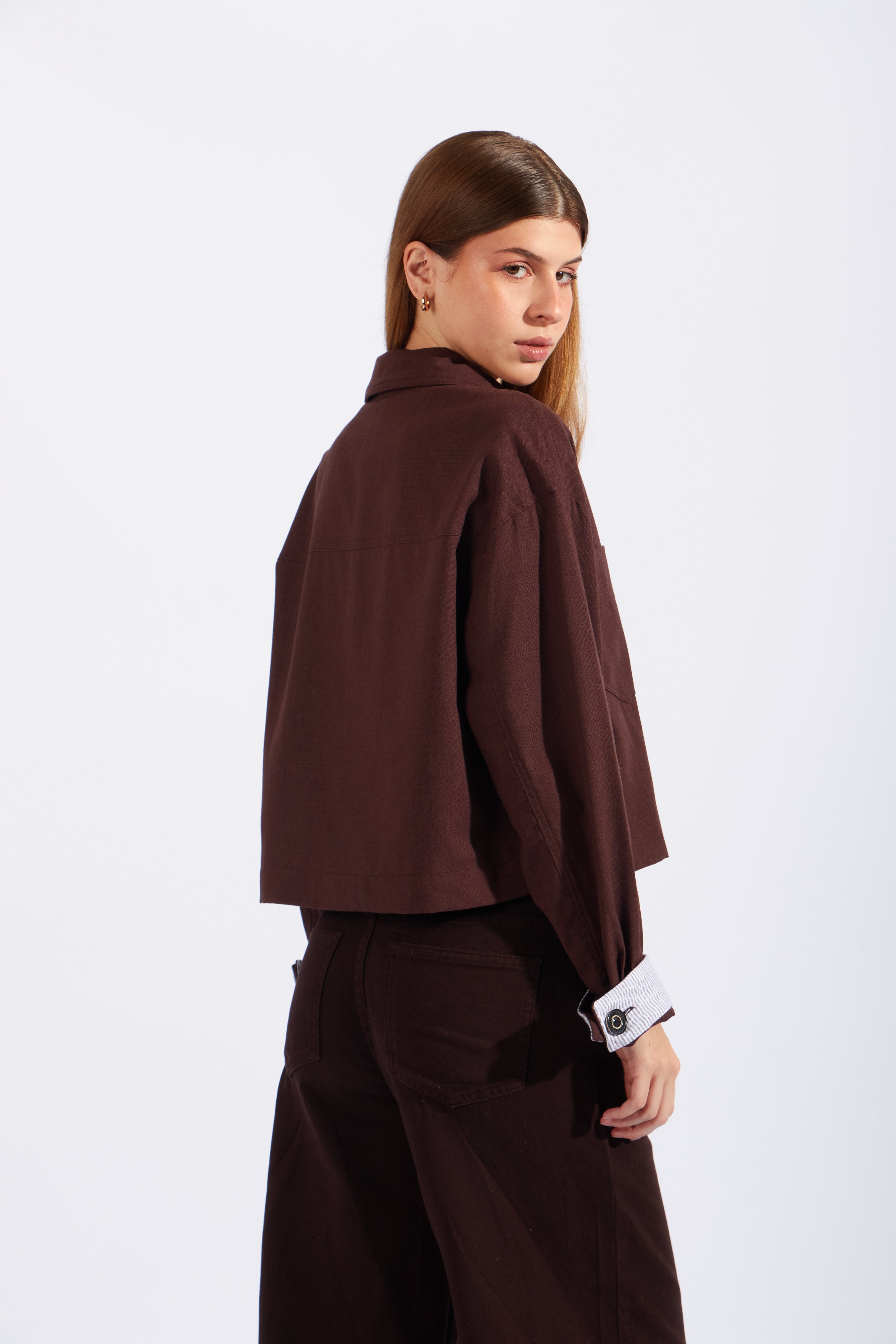 Chaqueta Cropped Lino - Marrón