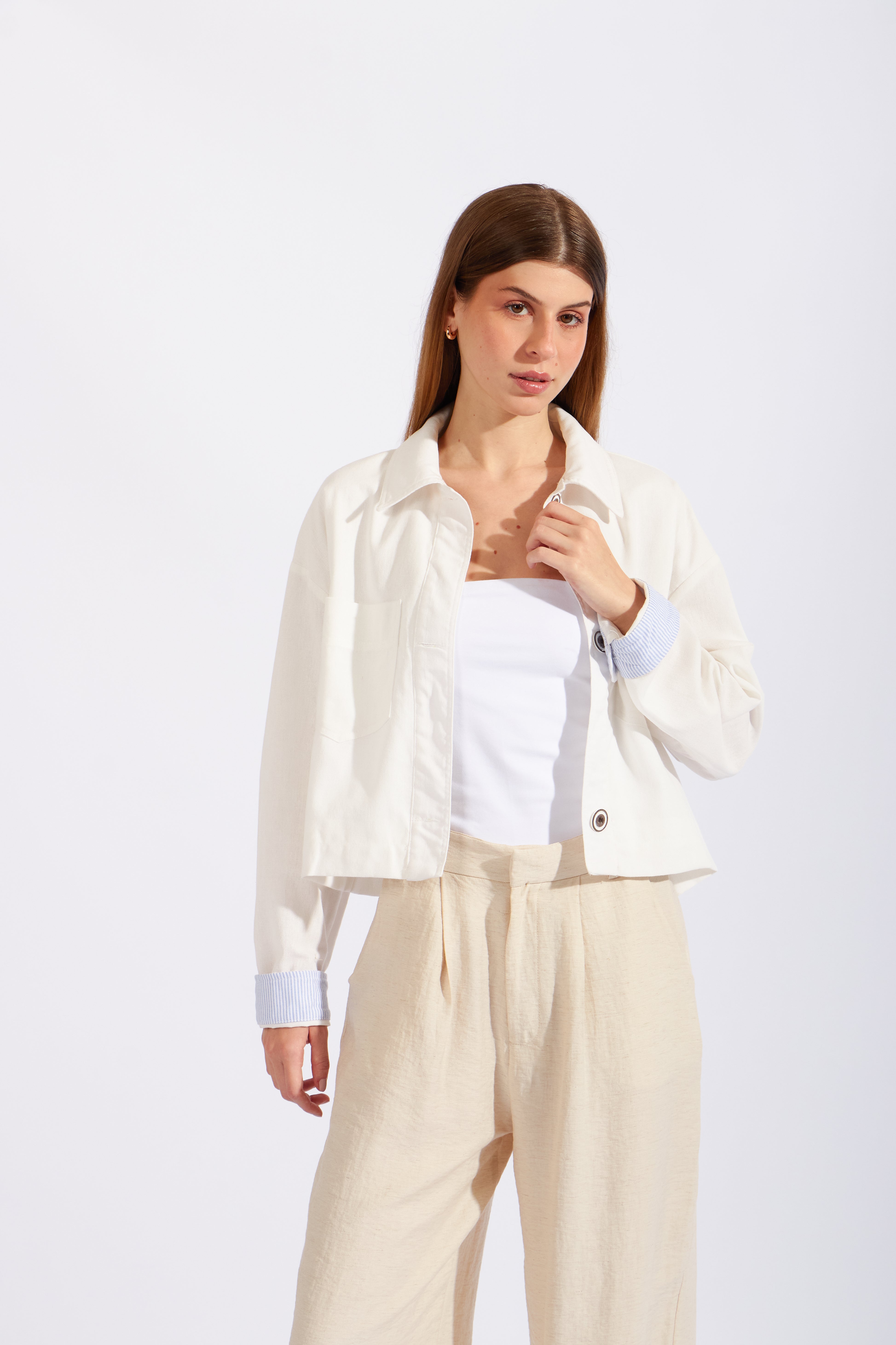 Chaqueta Cropped Lino - Perla