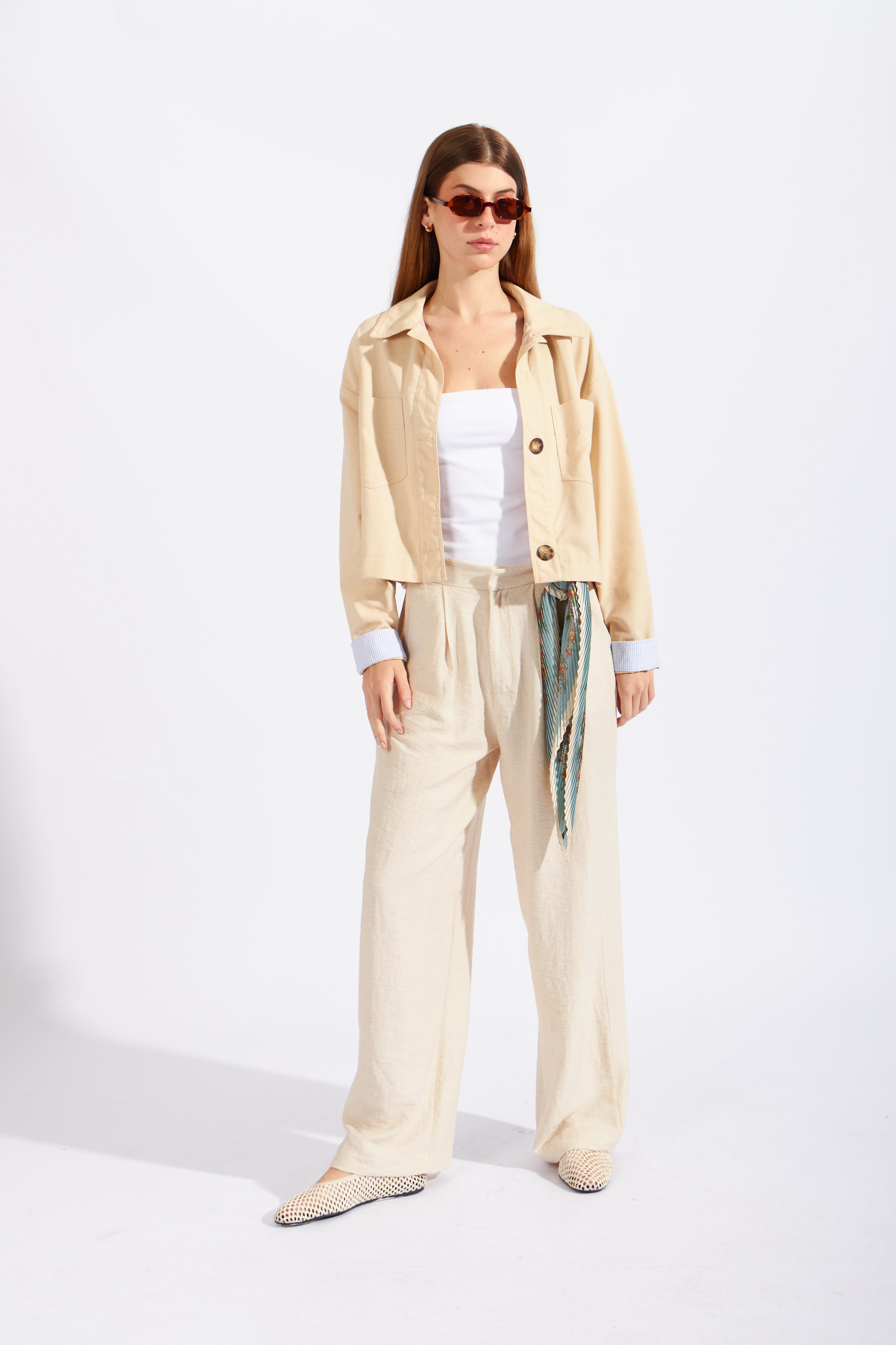 Chaqueta Cropped Lino - Arena