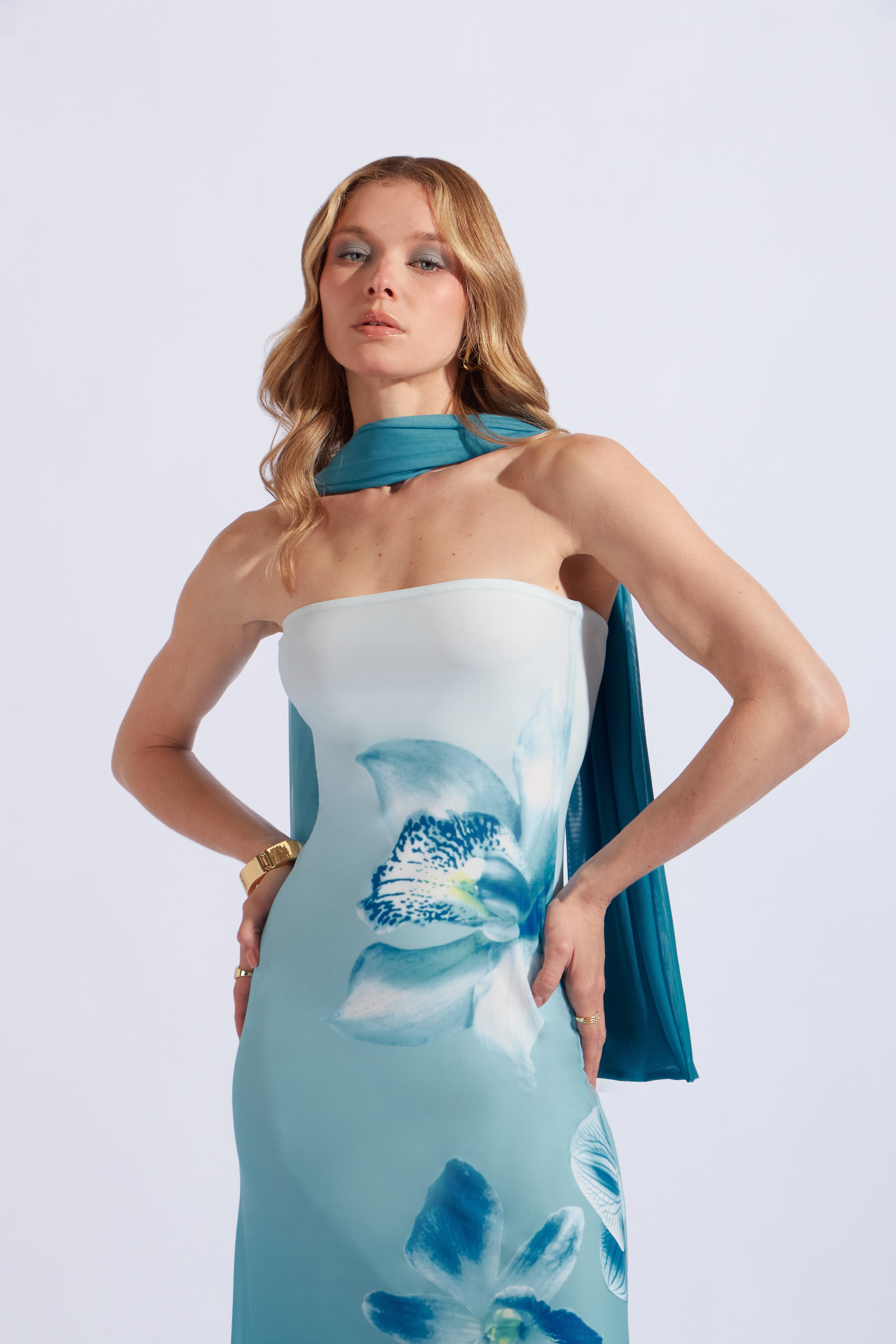 Vestido Largo con Fular - Turqueza