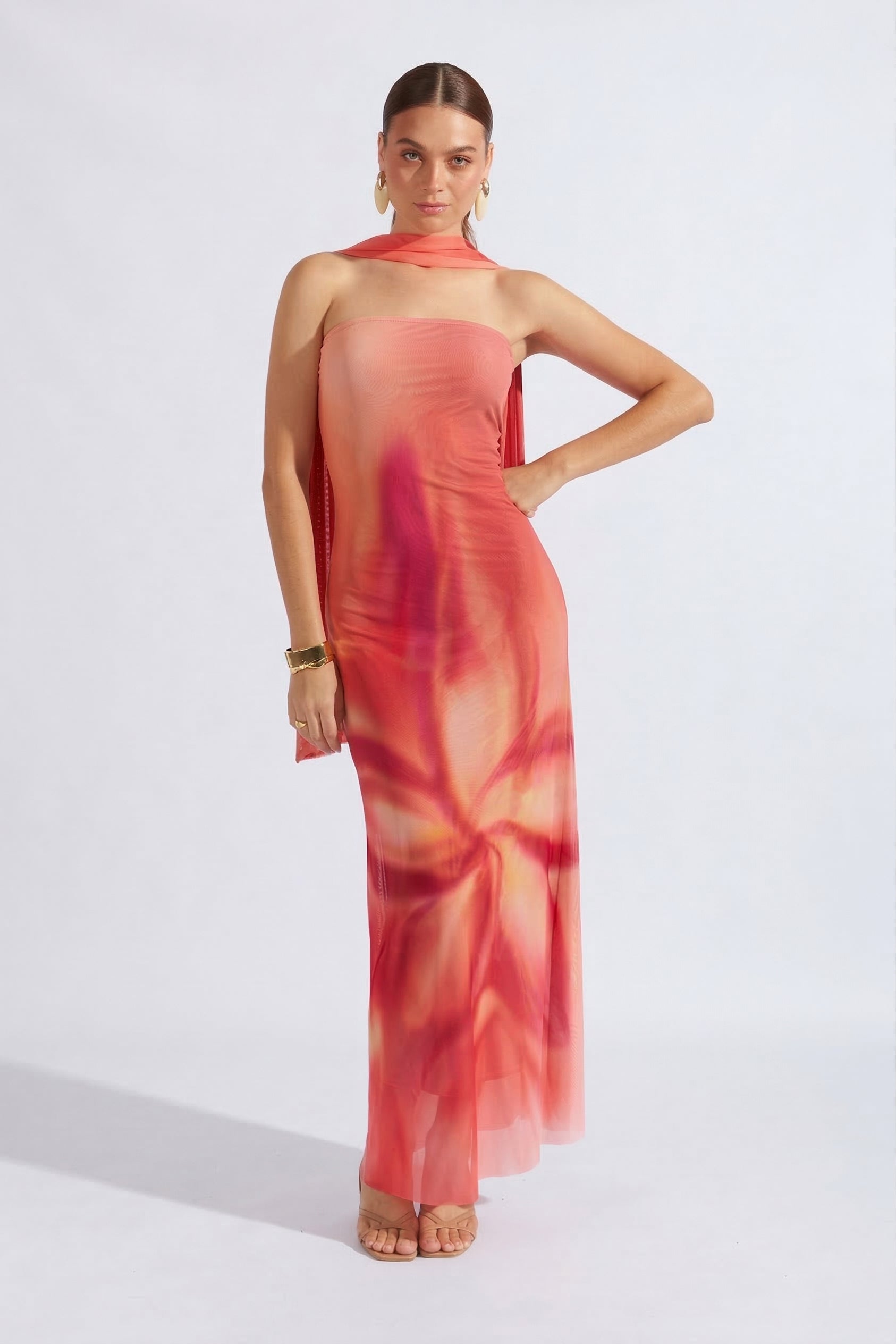 Vestido Largo con Fular - Naranja