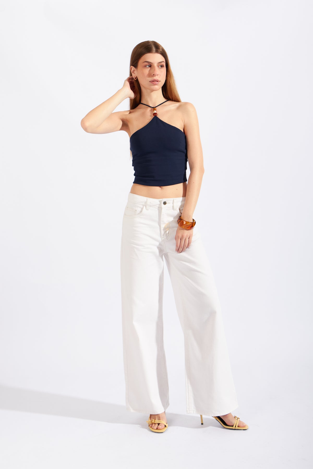Crop Top Halter Cuentas - Azul