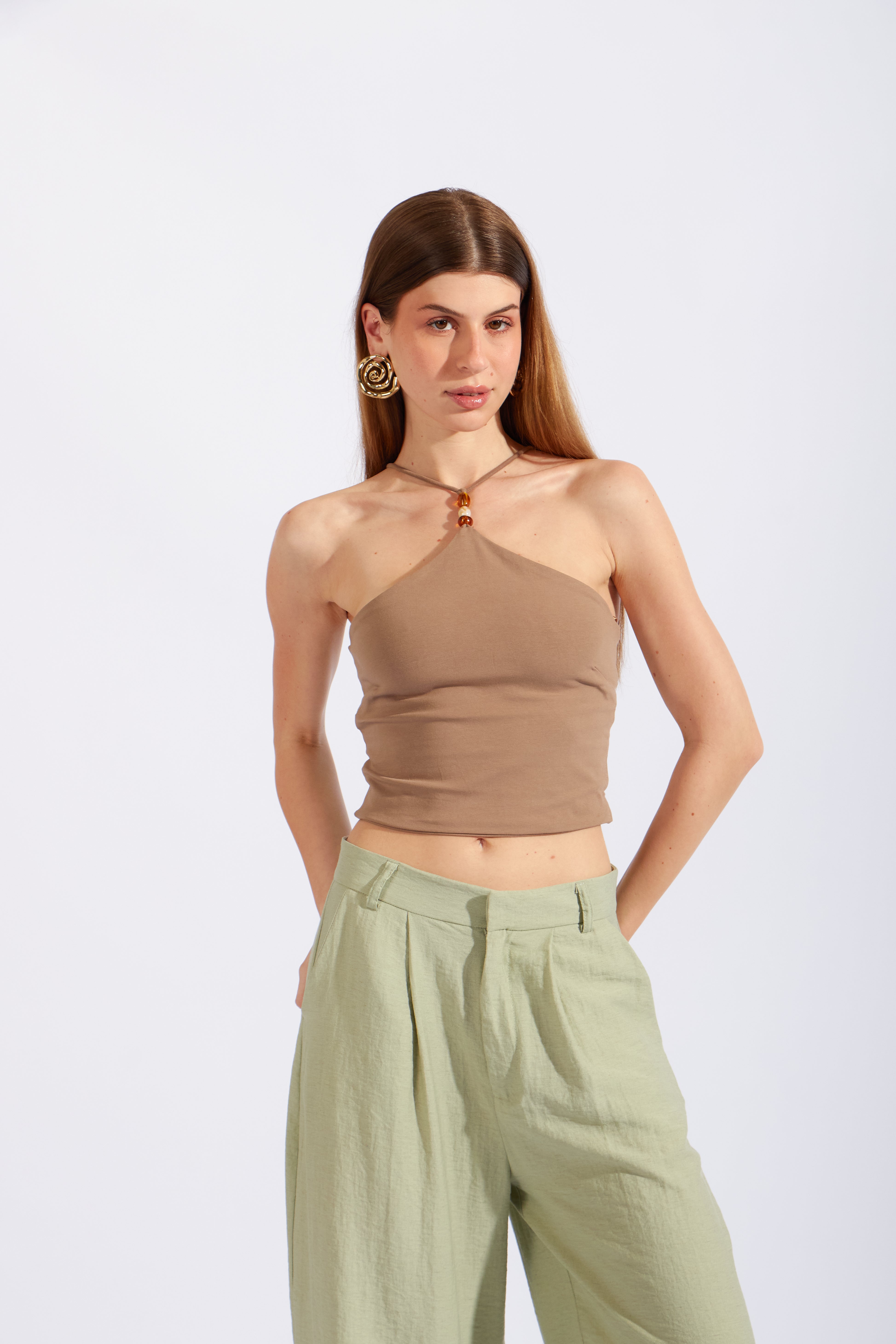Crop Top Halter Cuentas - Taupe