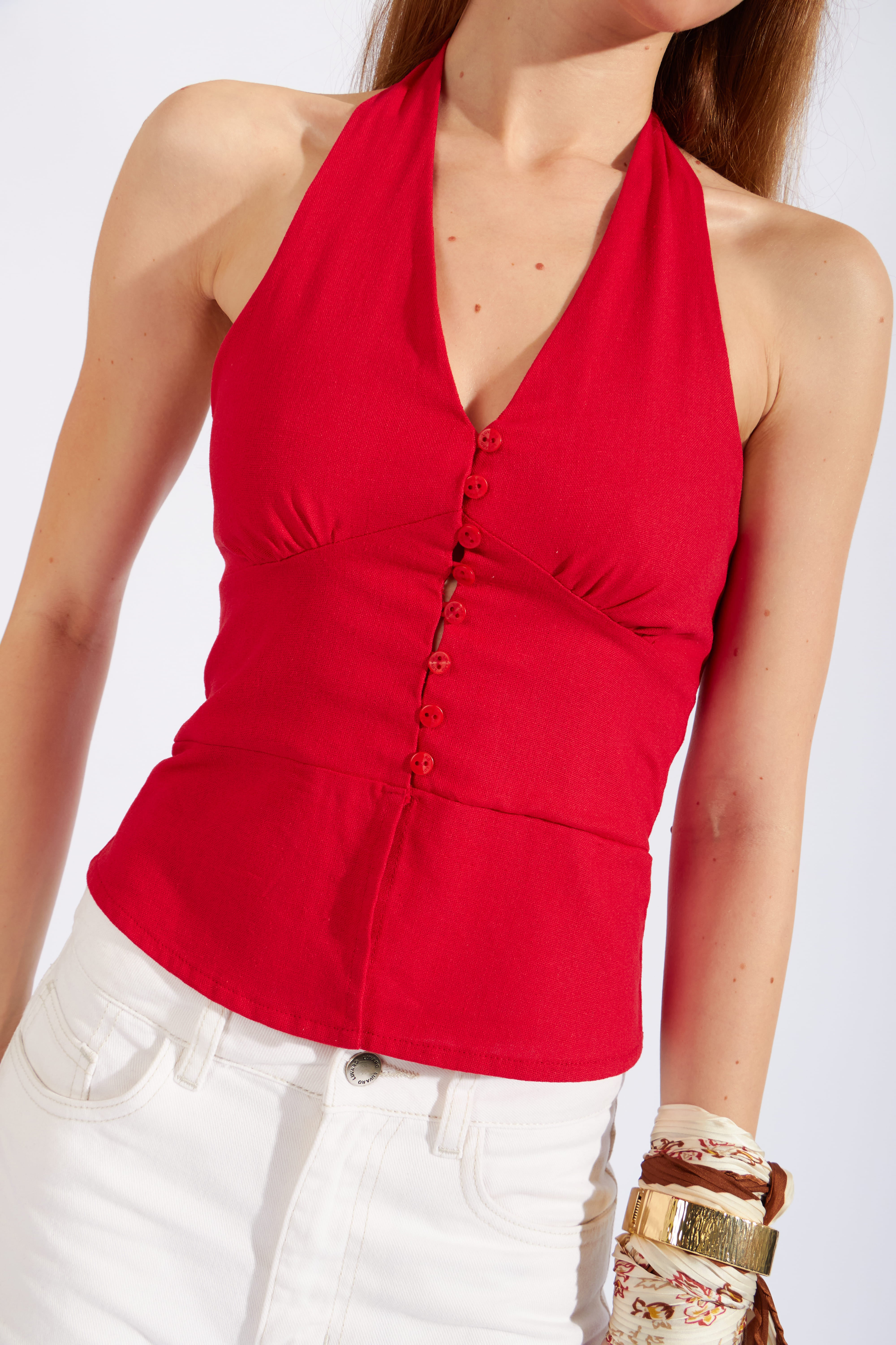 Top Halter Estructura Lino - Rojo