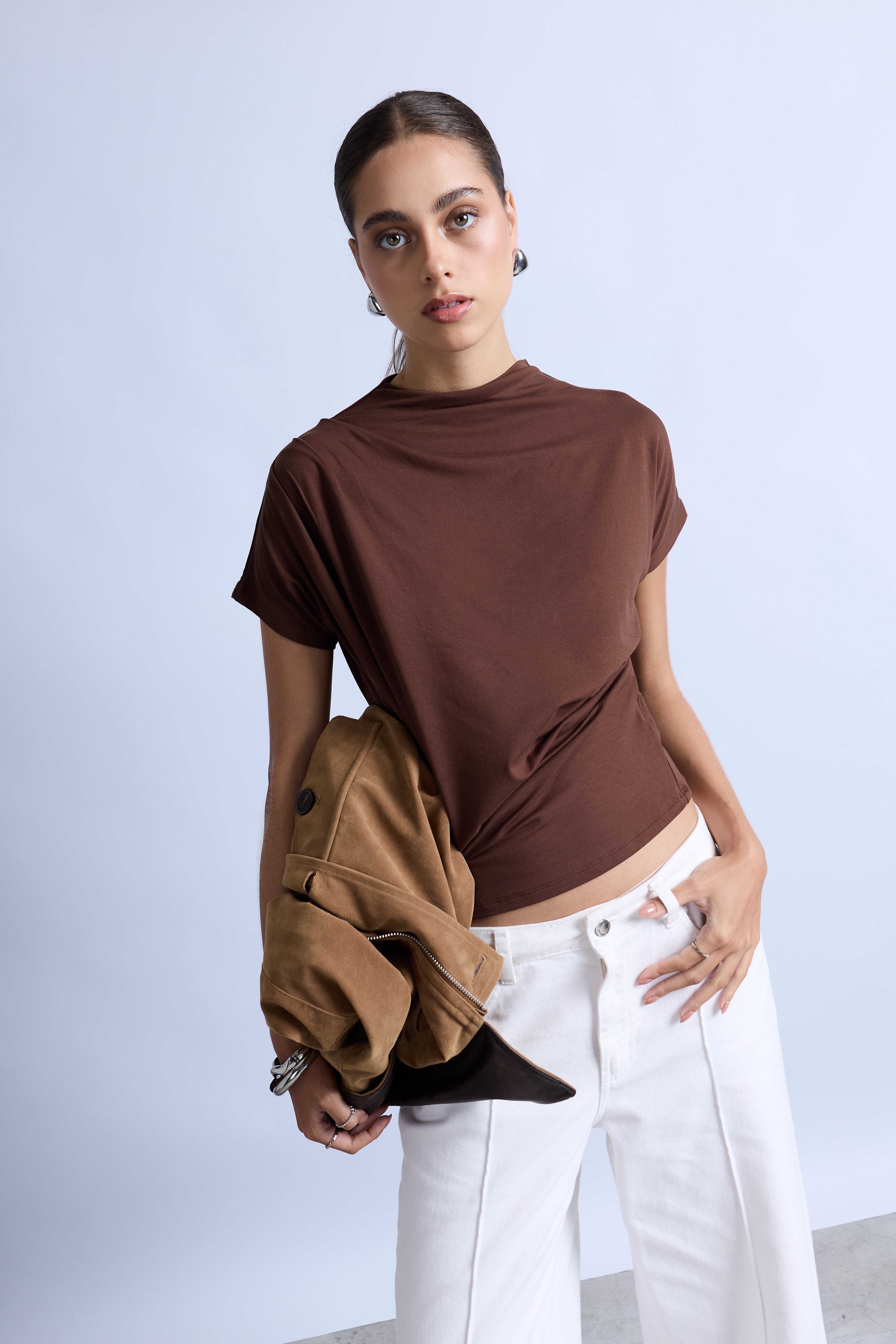 Top Drapeado Cuello Medio - Marrón