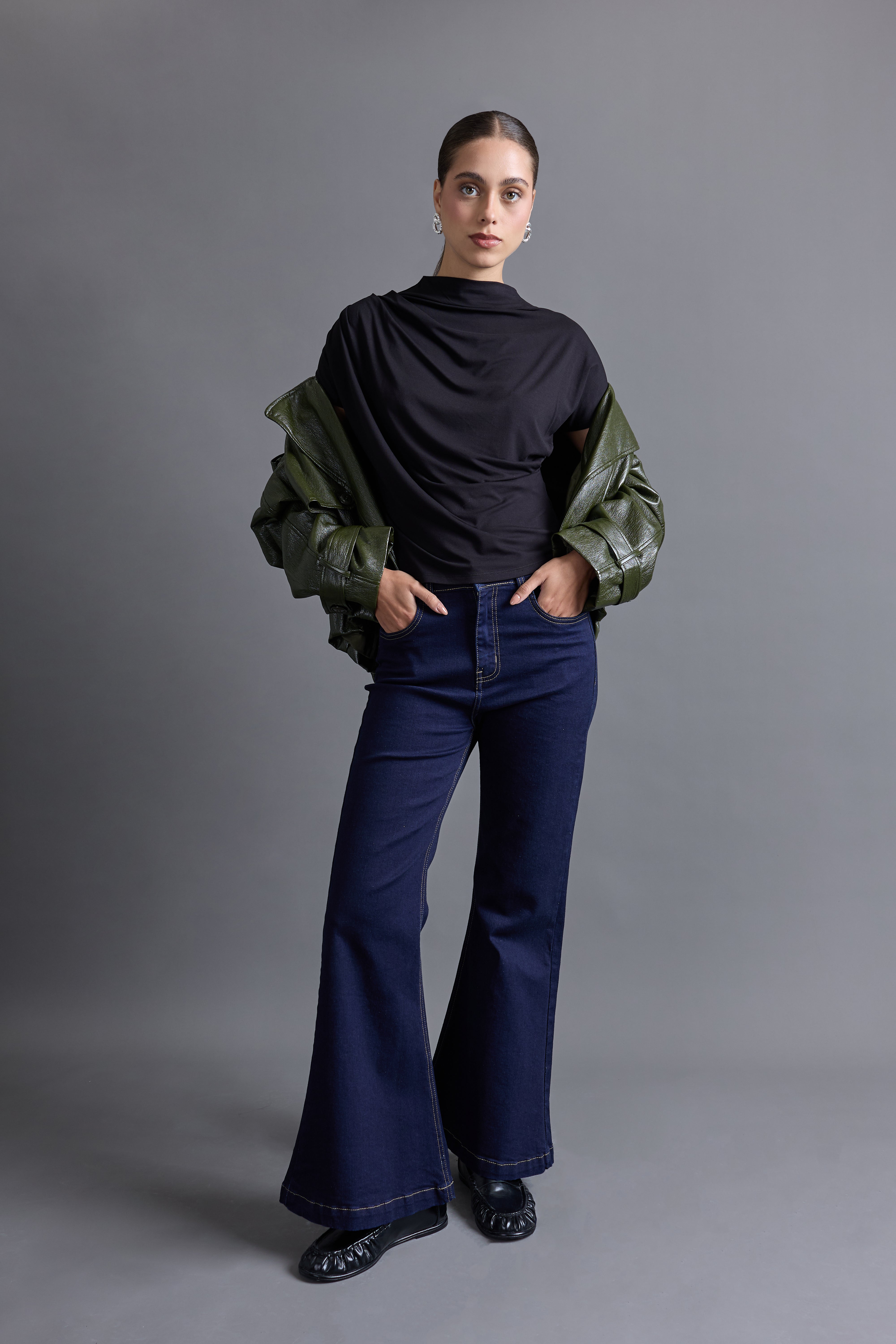 Top Drapeado Cuello Medio - Negro