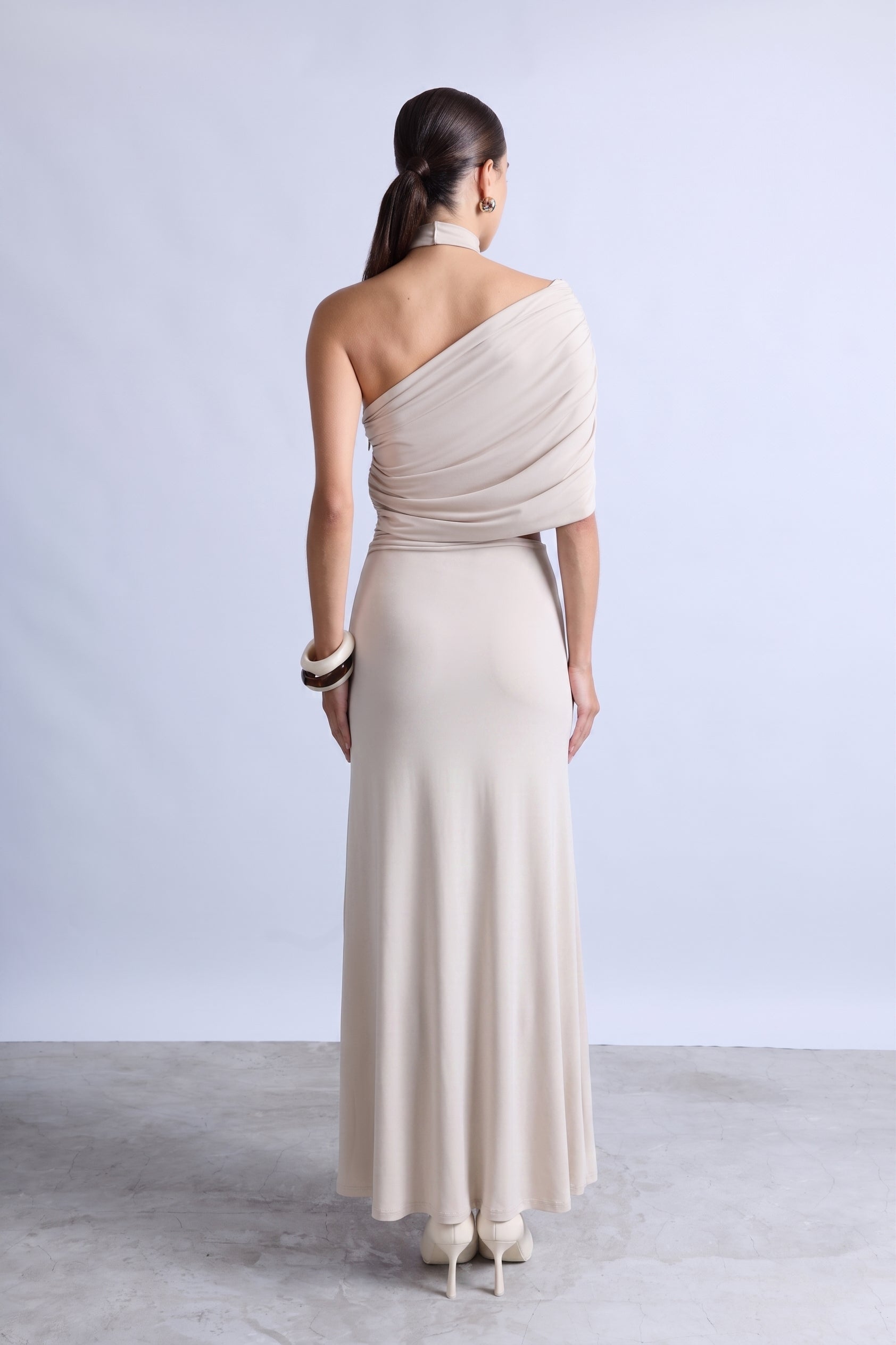 Vestido Asimétrico Drapeado - Beige