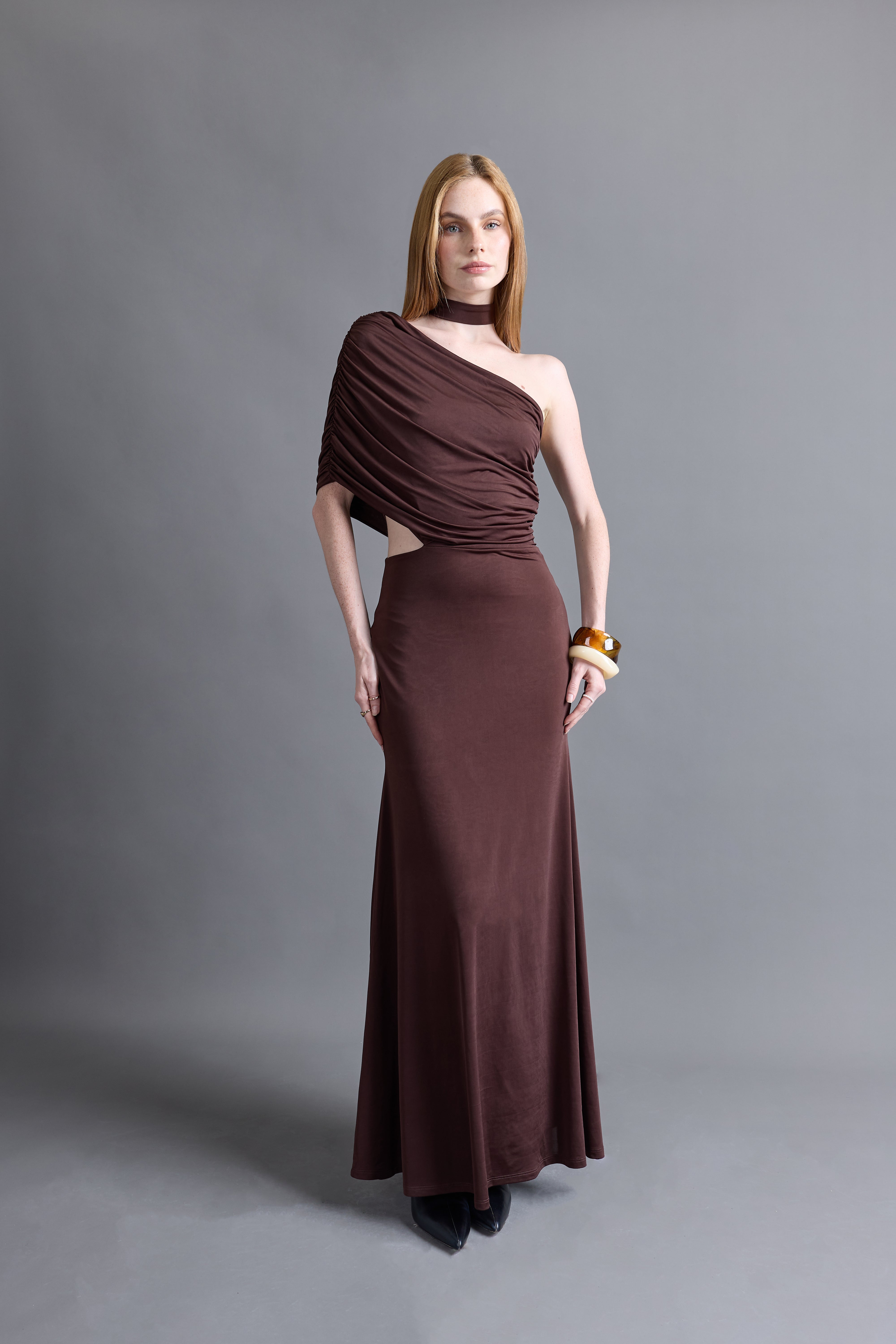 Vestido Asimétrico Drapeado - Marrón