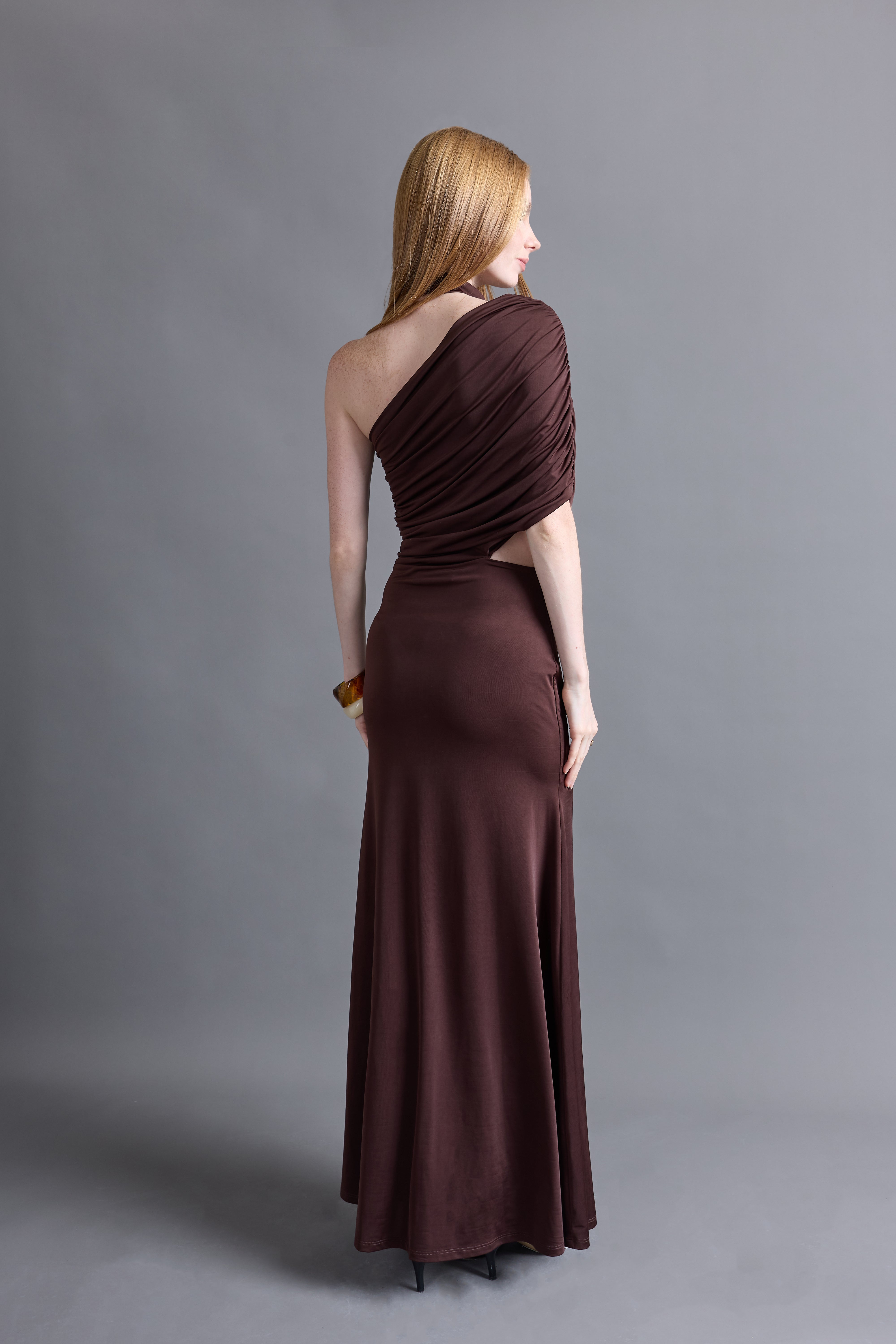 Vestido Asimétrico Drapeado - Marrón