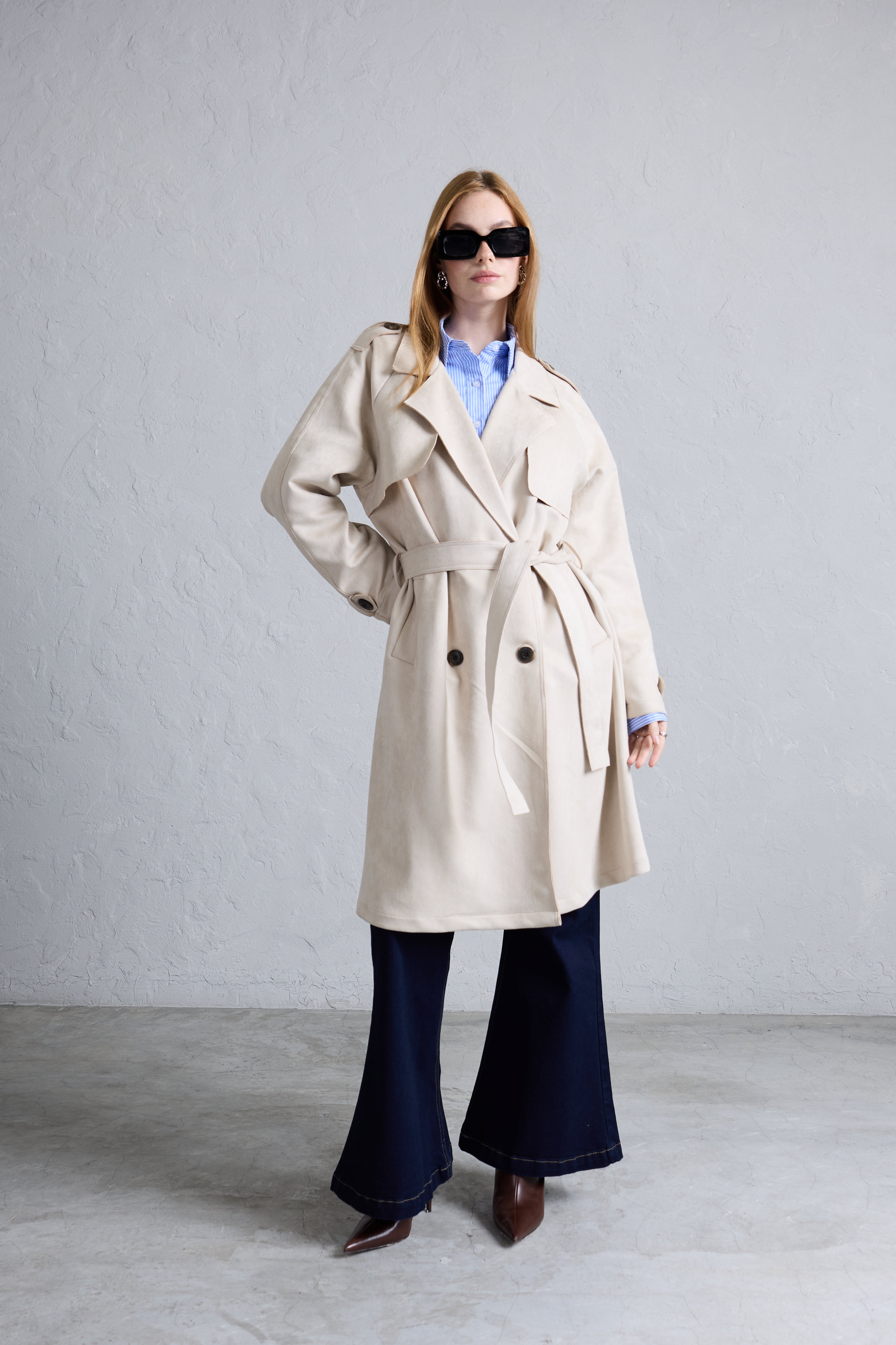 Gabardina Cruzada con Cinturón - Beige