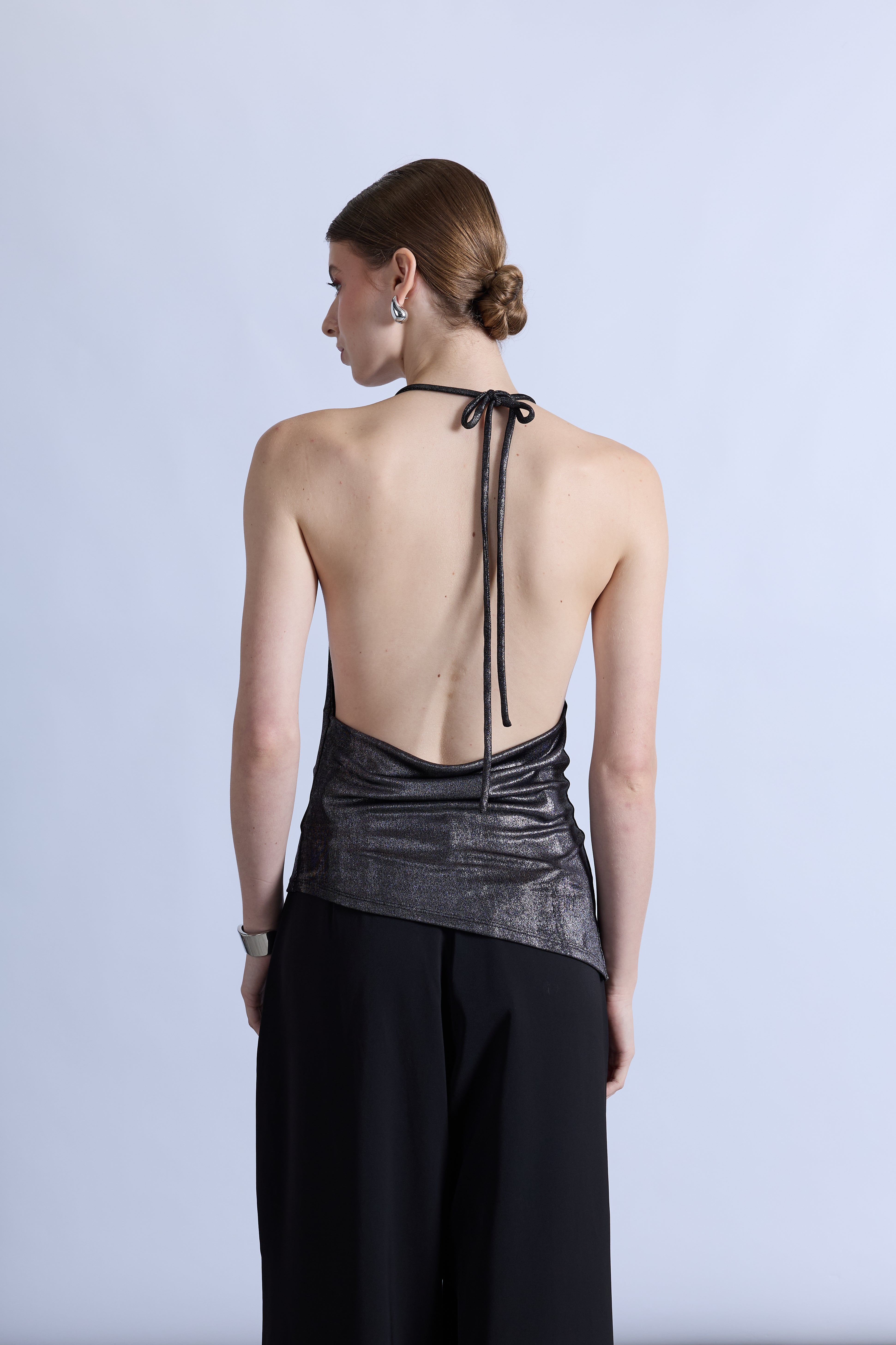 Top Halter Drapeado Brillo - Negro Silver