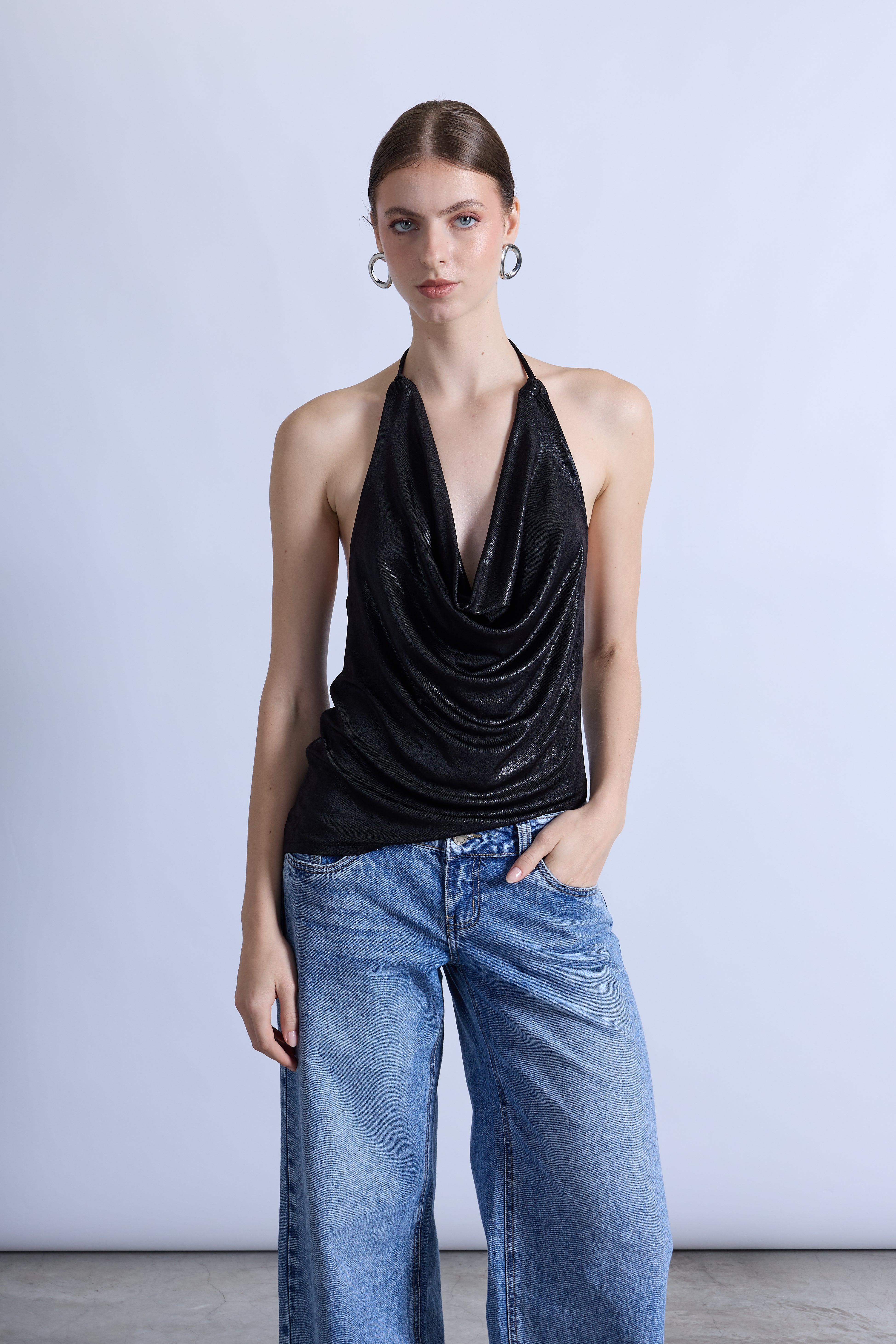 Top Halter Drapeado Brillo - Negro