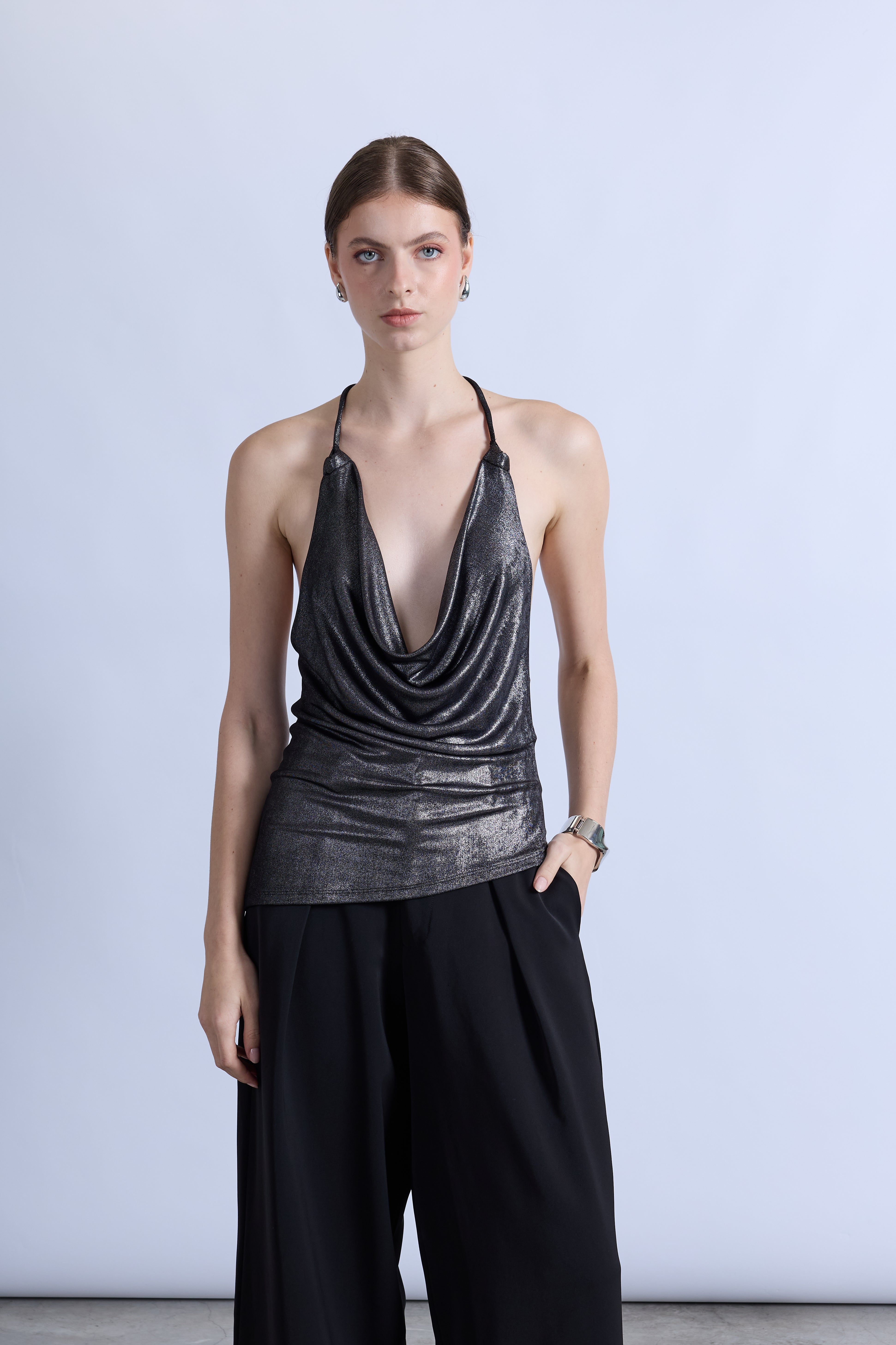 Top Halter Drapeado Brillo - Negro Silver