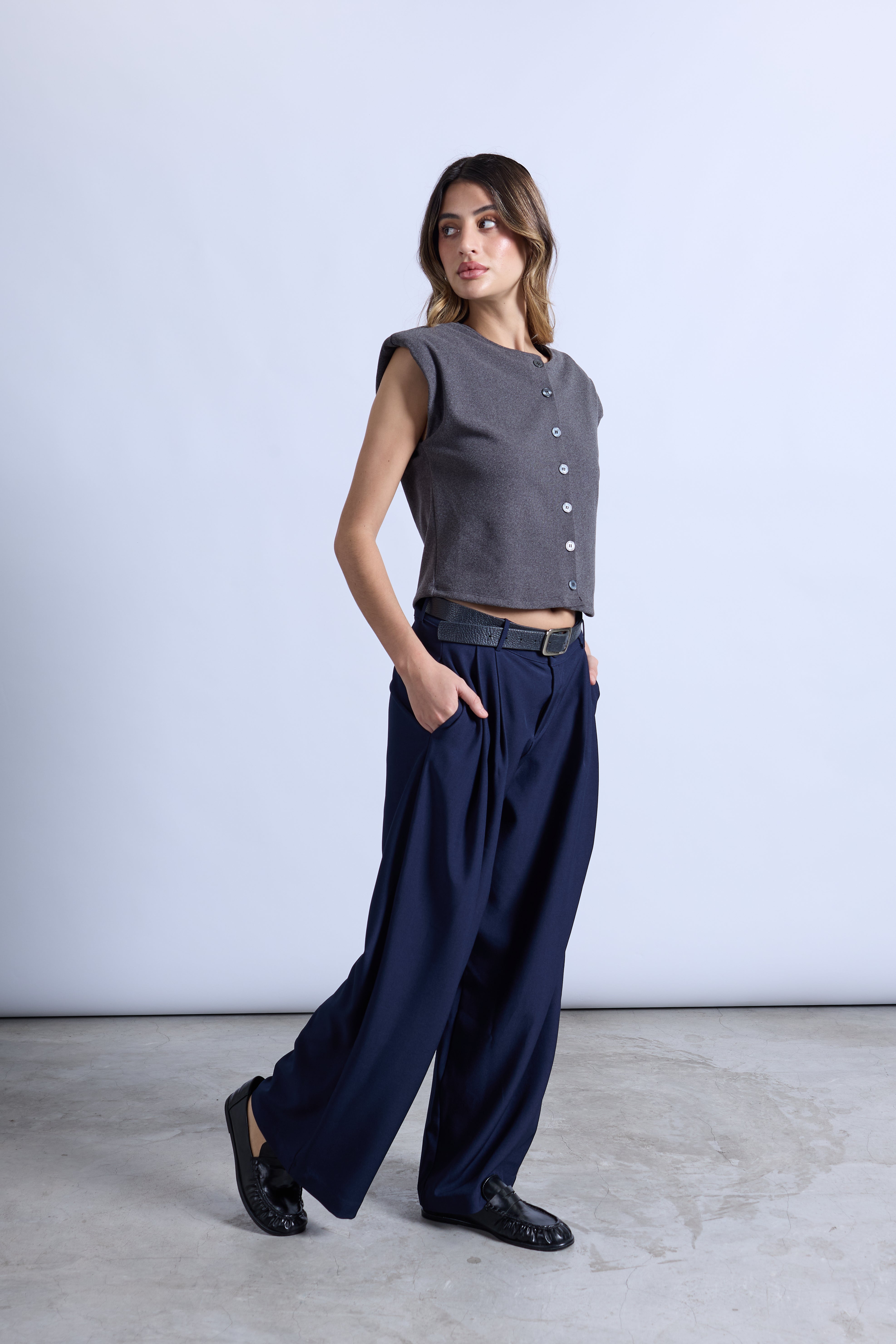Pantalón Wide Leg Pliegues - Azul Marino