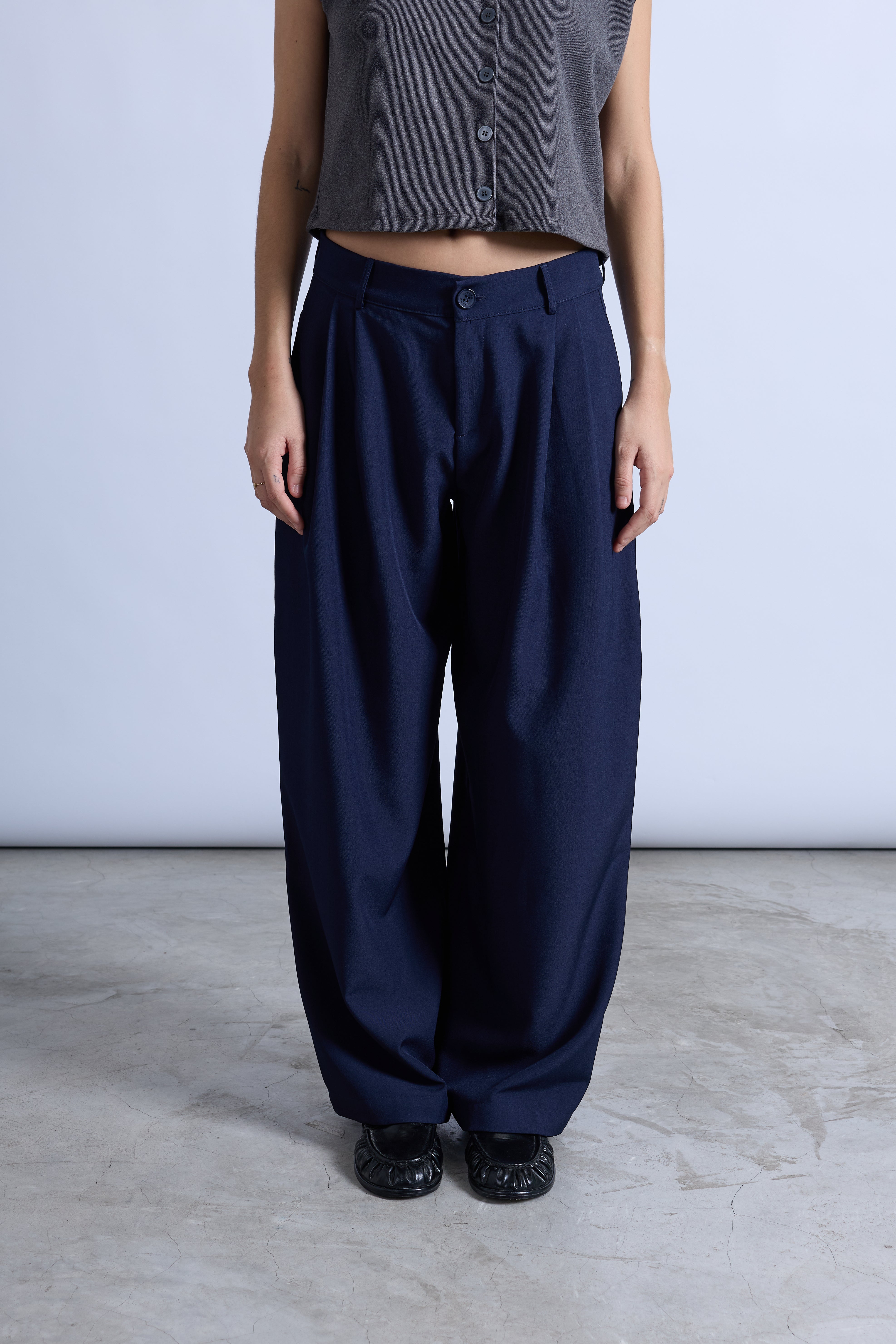 Pantalón Wide Leg Pliegues - Azul Marino