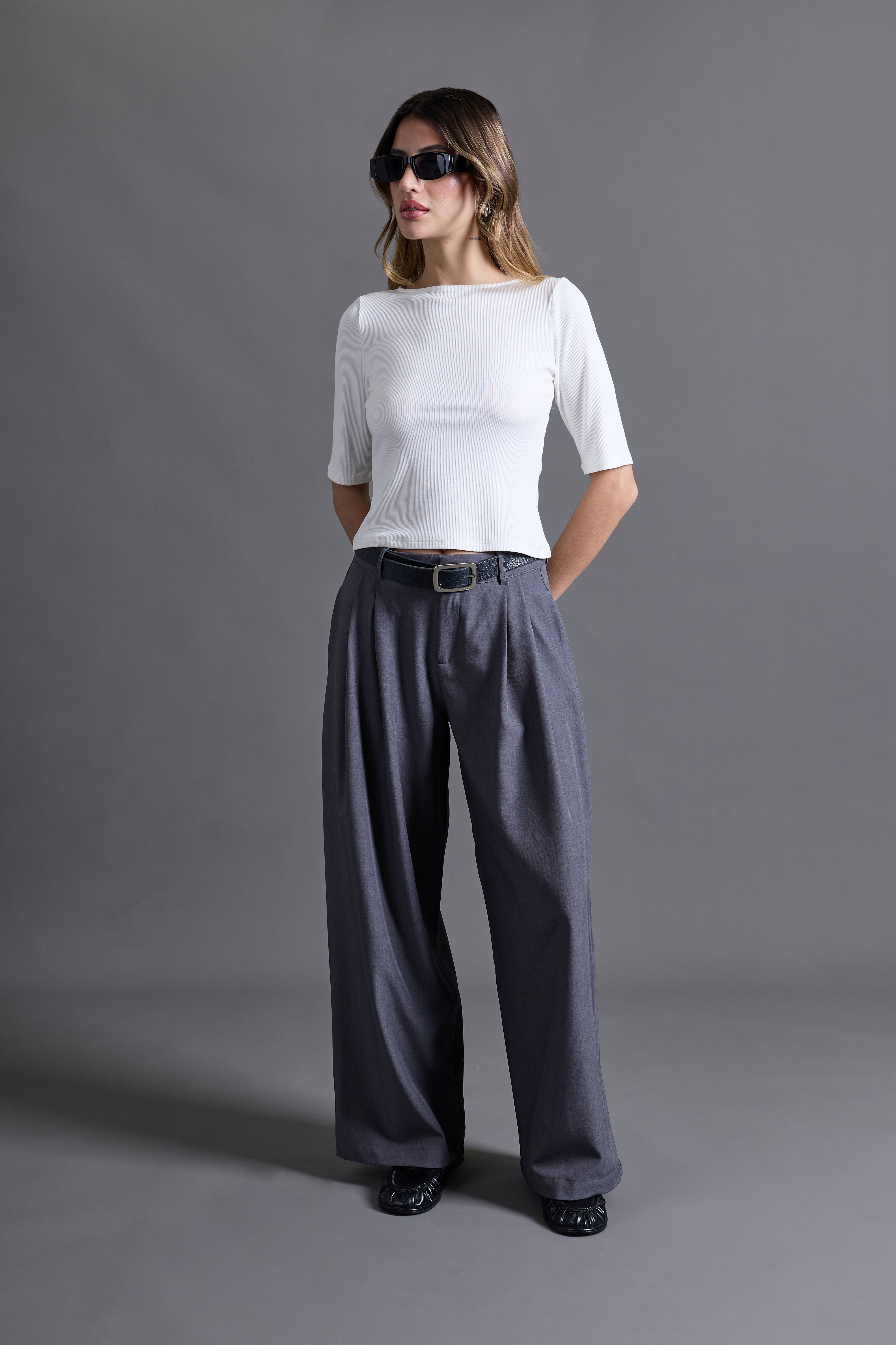 Pantalón Wide Leg Pliegues - Gris
