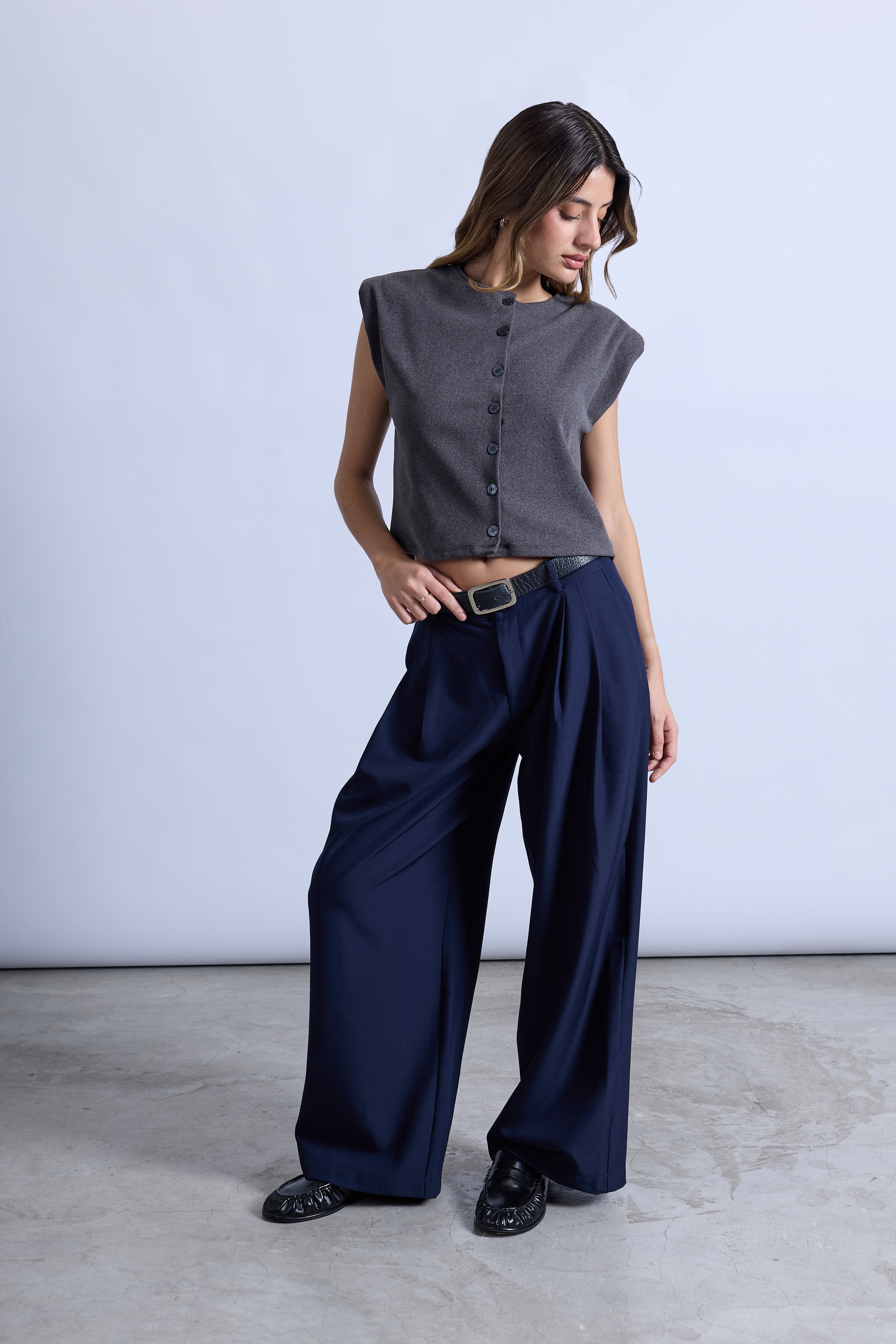 Pantalón Wide Leg Pliegues - Azul Marino