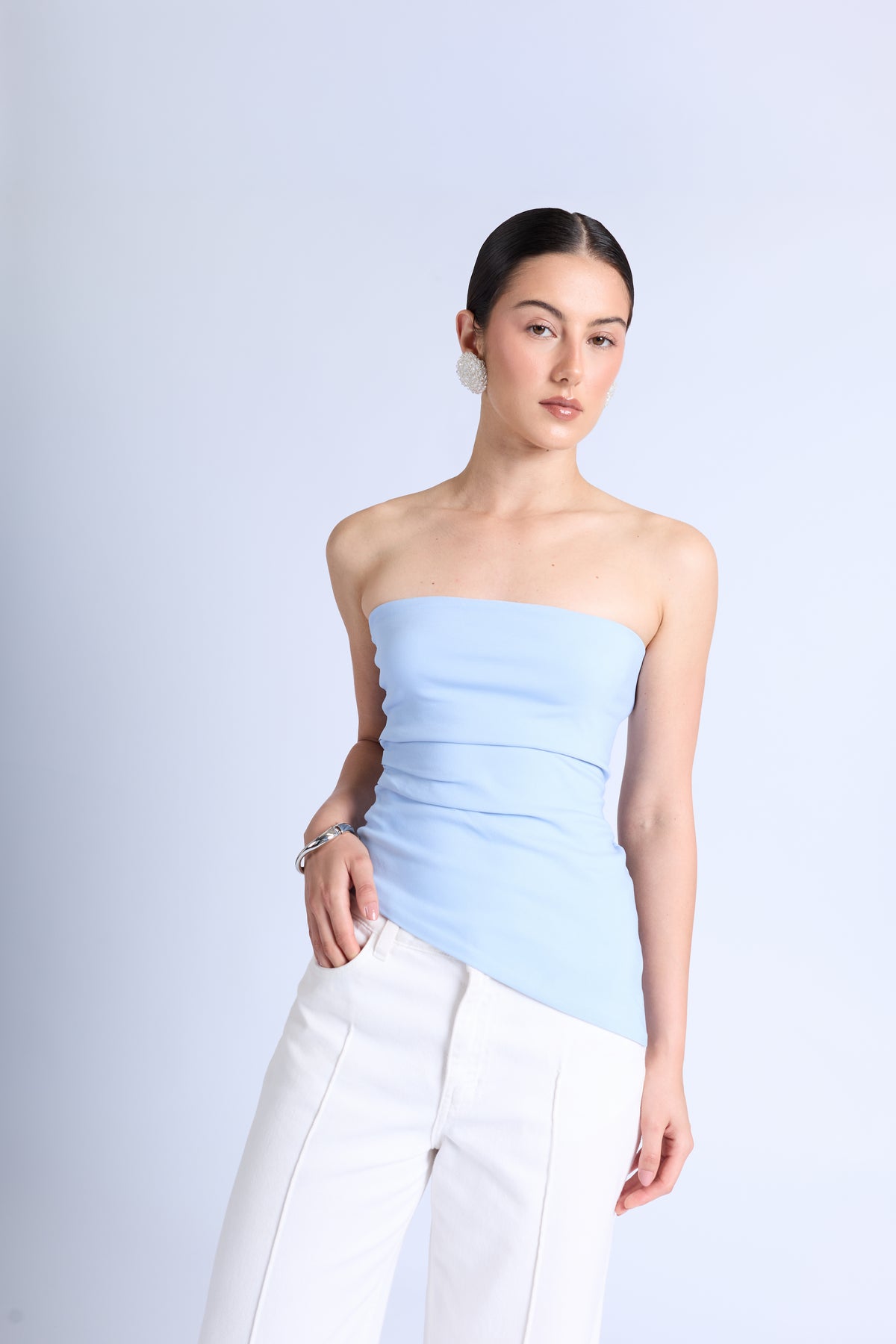 Top Strapless Pliegues - Celeste