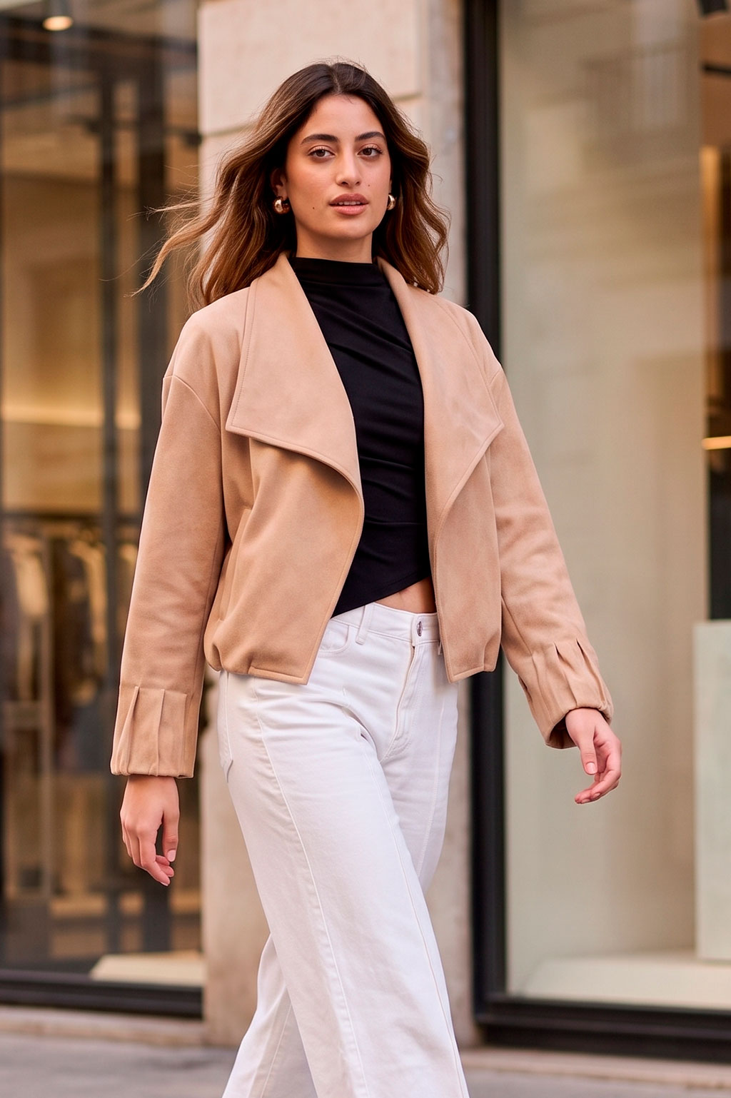 Chaqueta Cropped Solapa Amplia - Beige