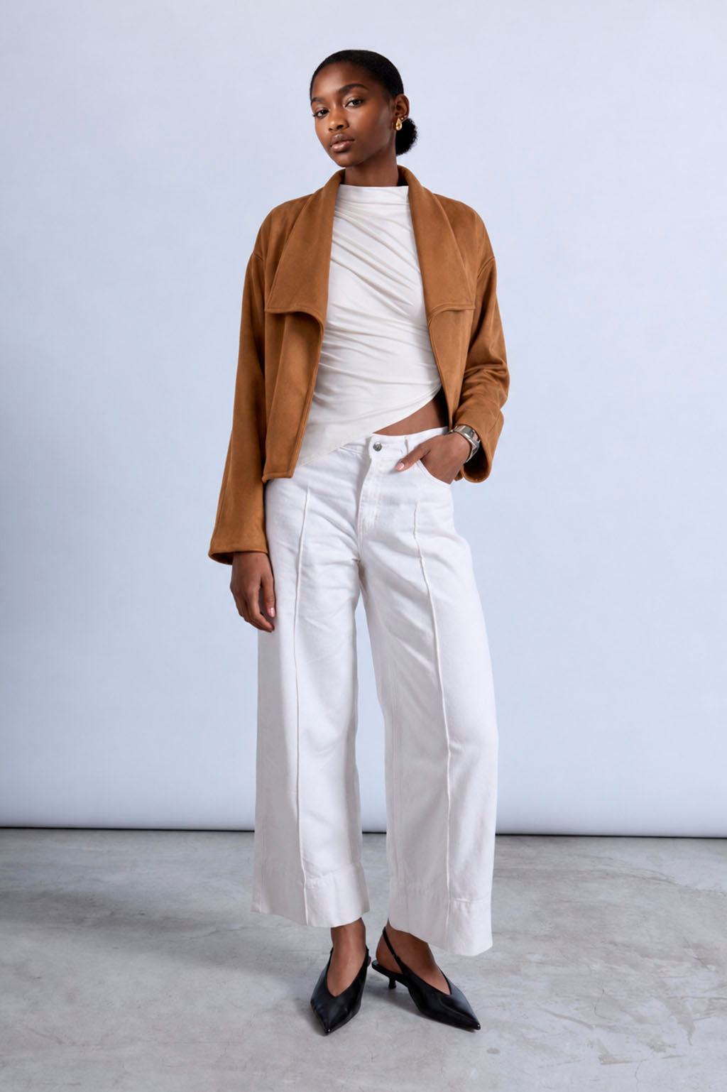Chaqueta Cropped Solapa Amplia - Camell