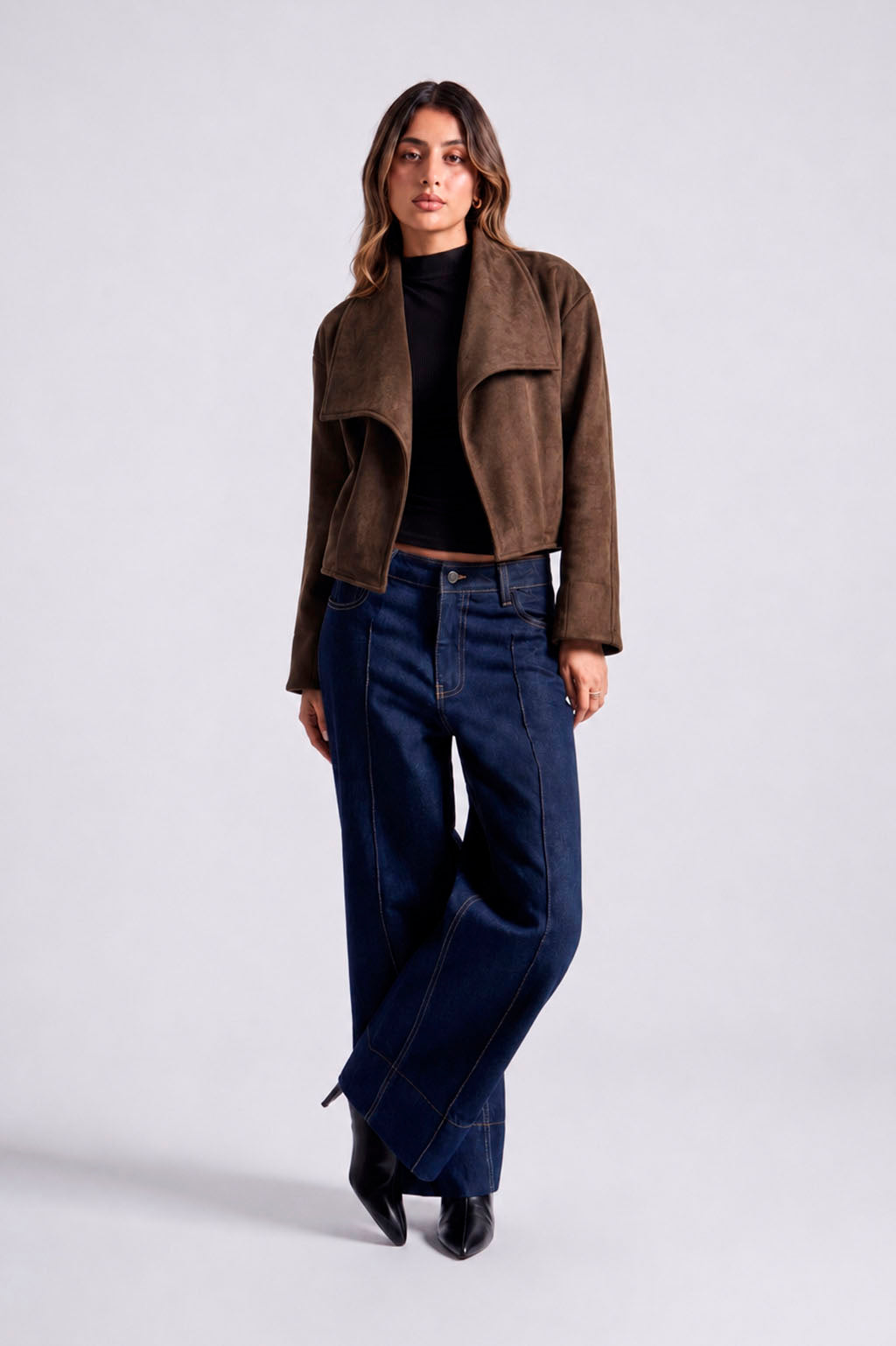 Chaqueta Cropped Solapa Amplia - Marrón