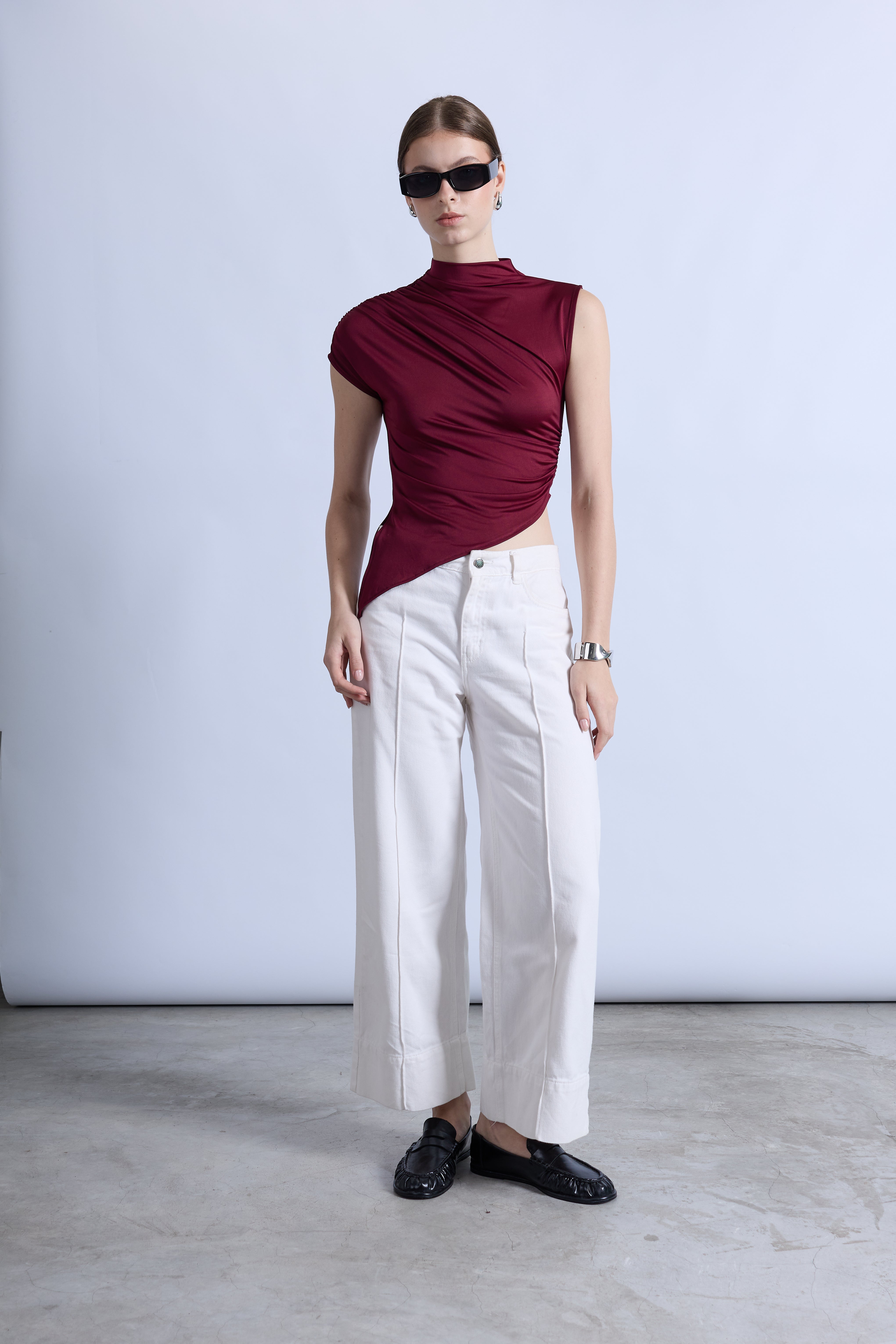 Top Drapeado Cuello Mock - Burgundy