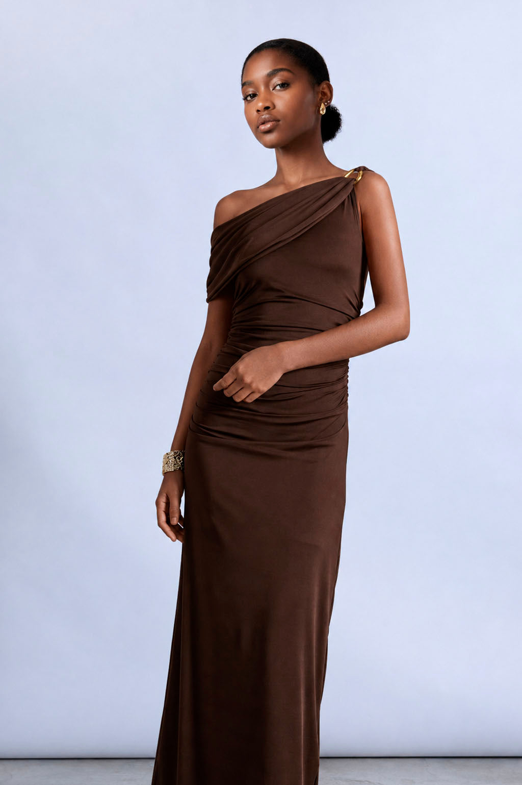 Vestido One Shoulder Drapeado - Marrón Oscuro